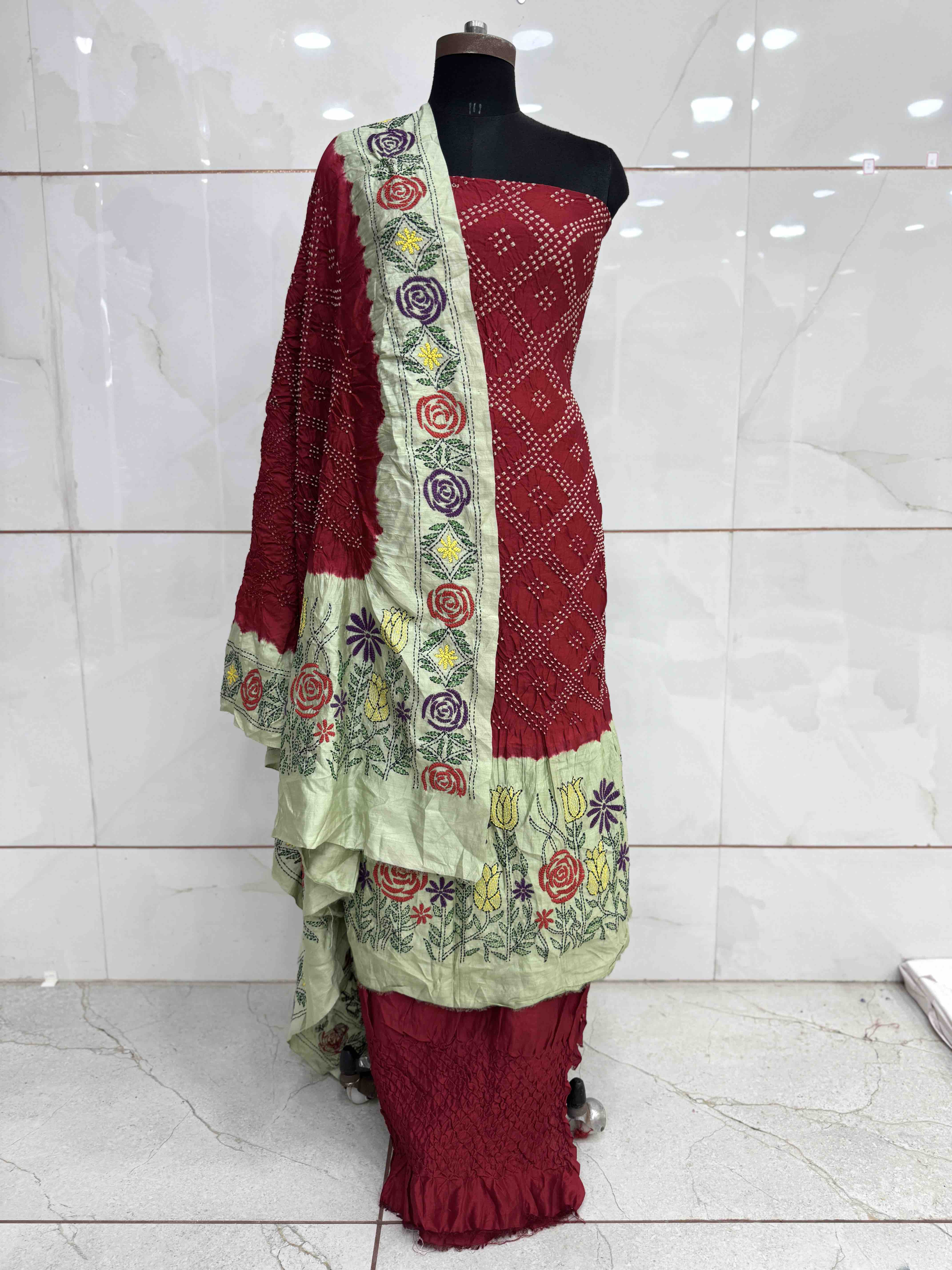 Red & Light Pista Bandhej with Kantha Word Dress Material