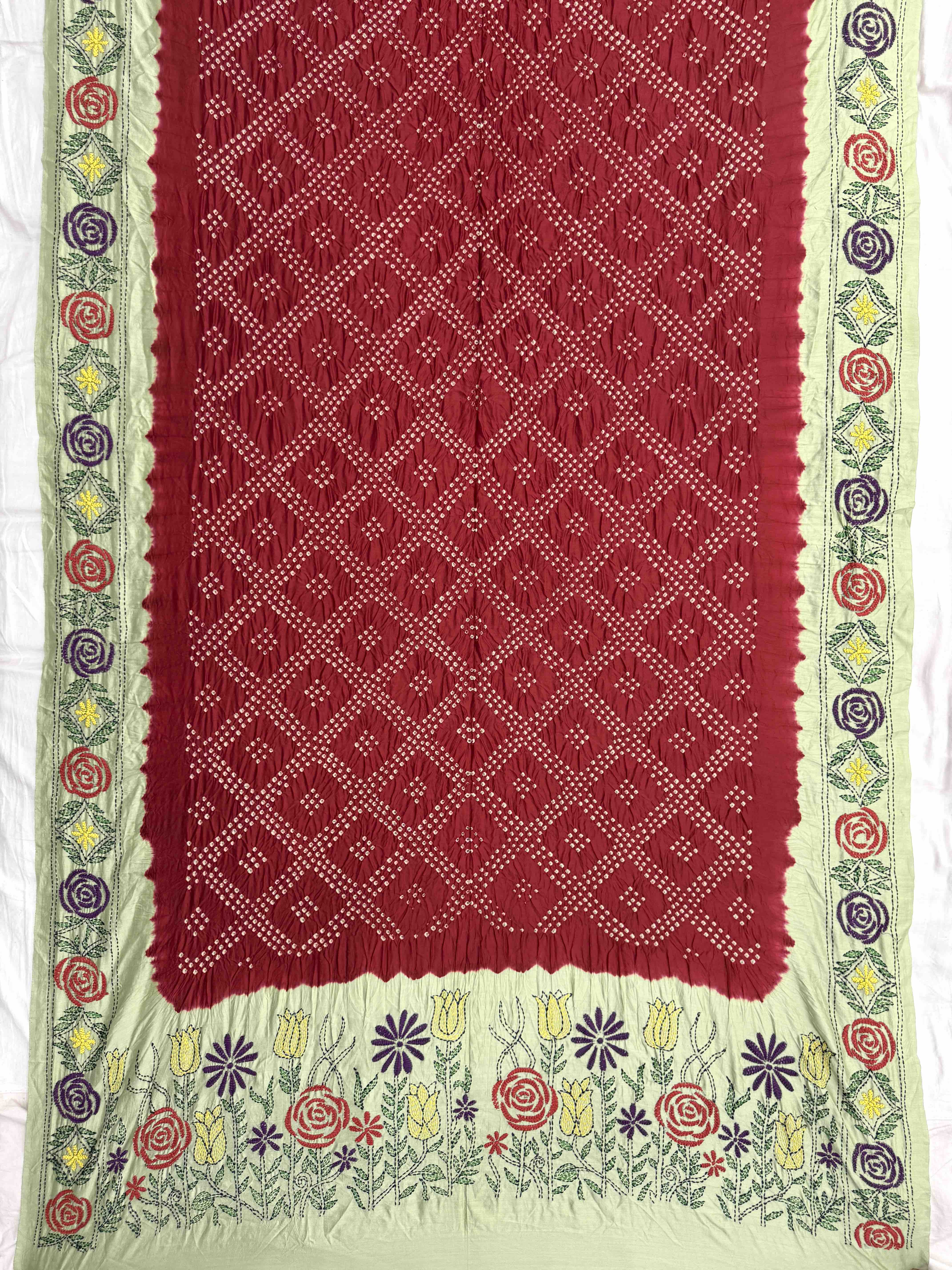 Red & Light Pista Bandhej with Kantha Word Dress Material