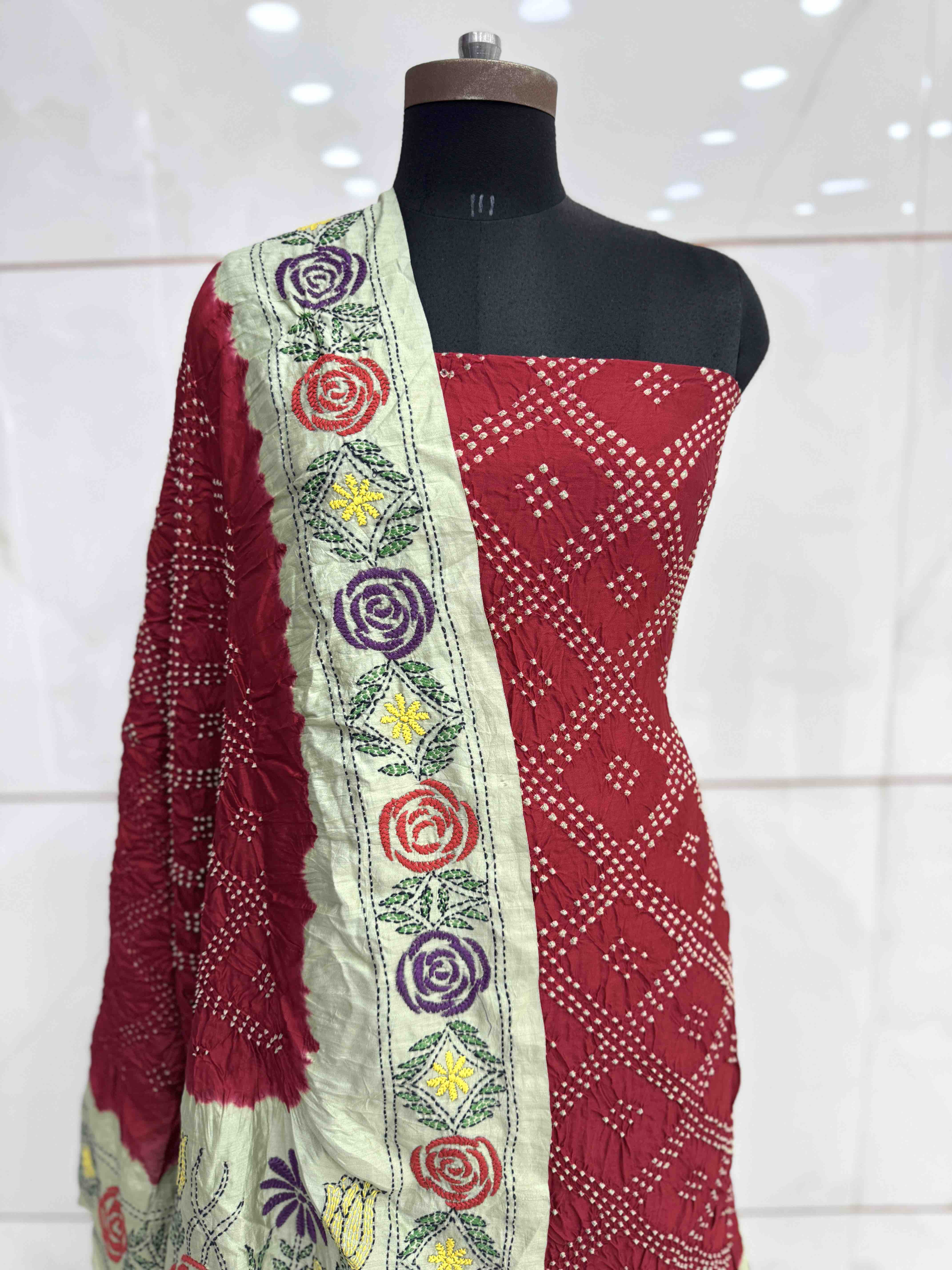 Red & Light Pista Bandhej with Kantha Word Dress Material
