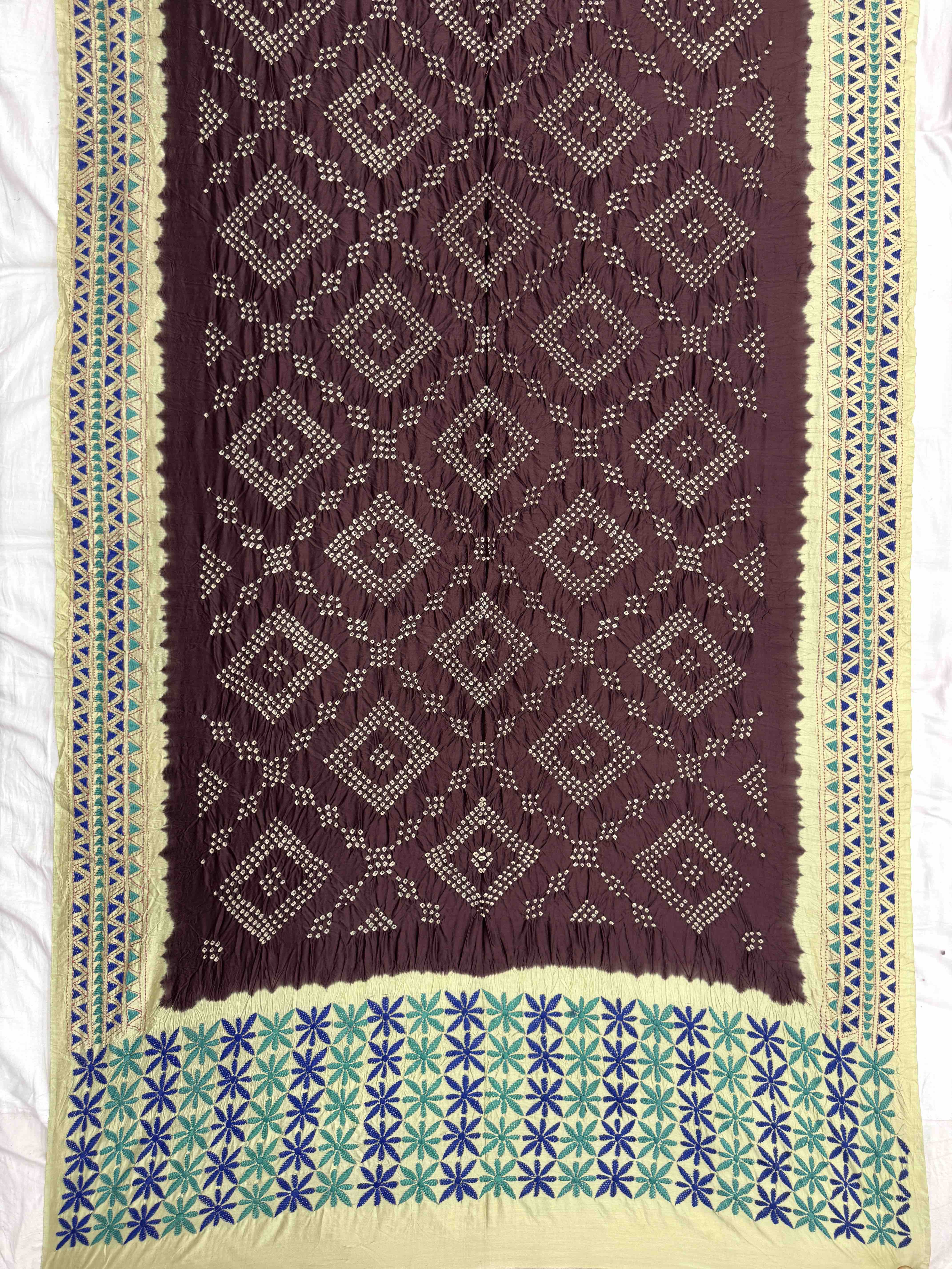 Chocolate Brown & Off White Bandhej with Kantha Word Dress Material