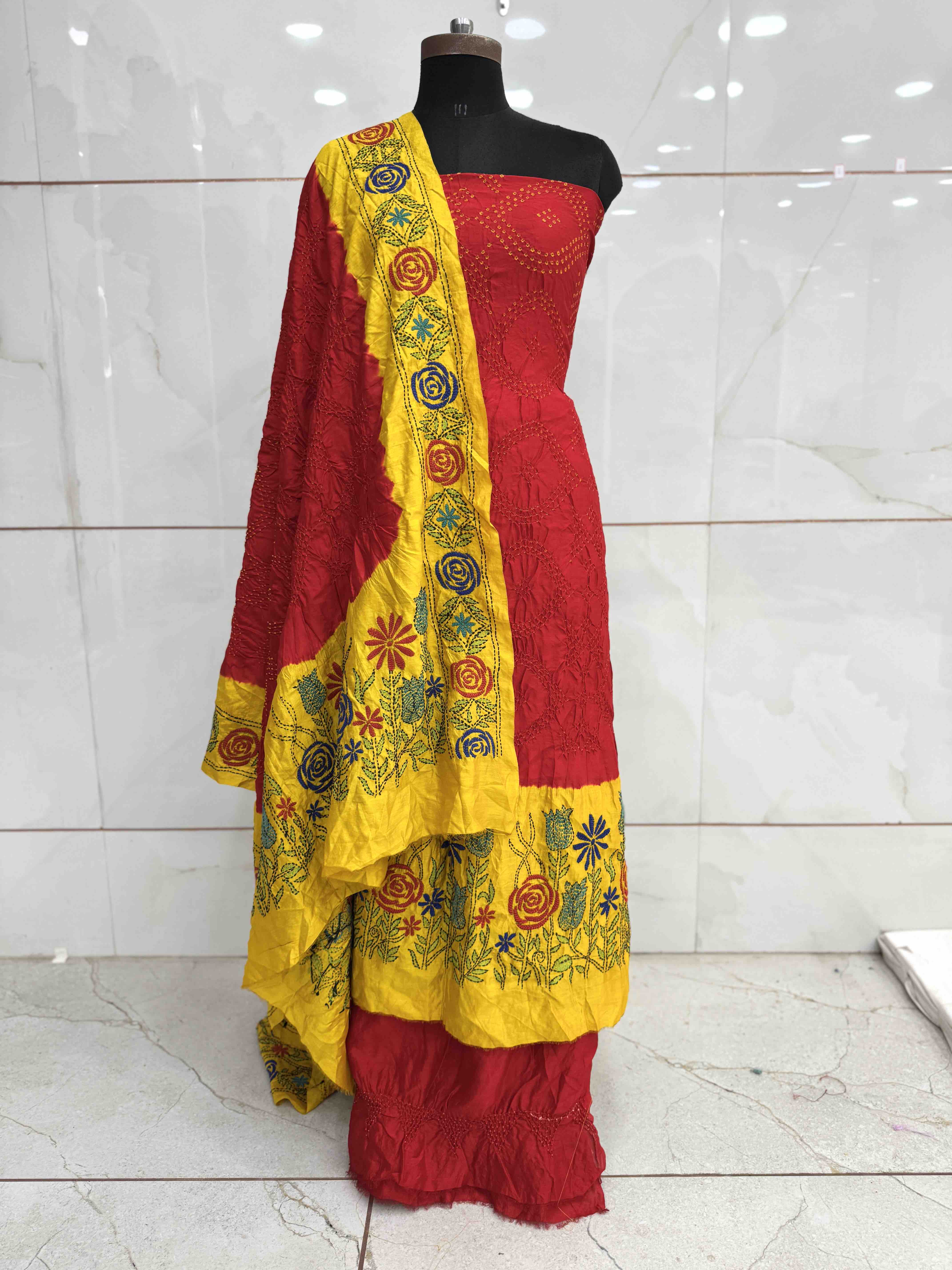 Red & Mustard Bandhej with Kantha Word Dress Material