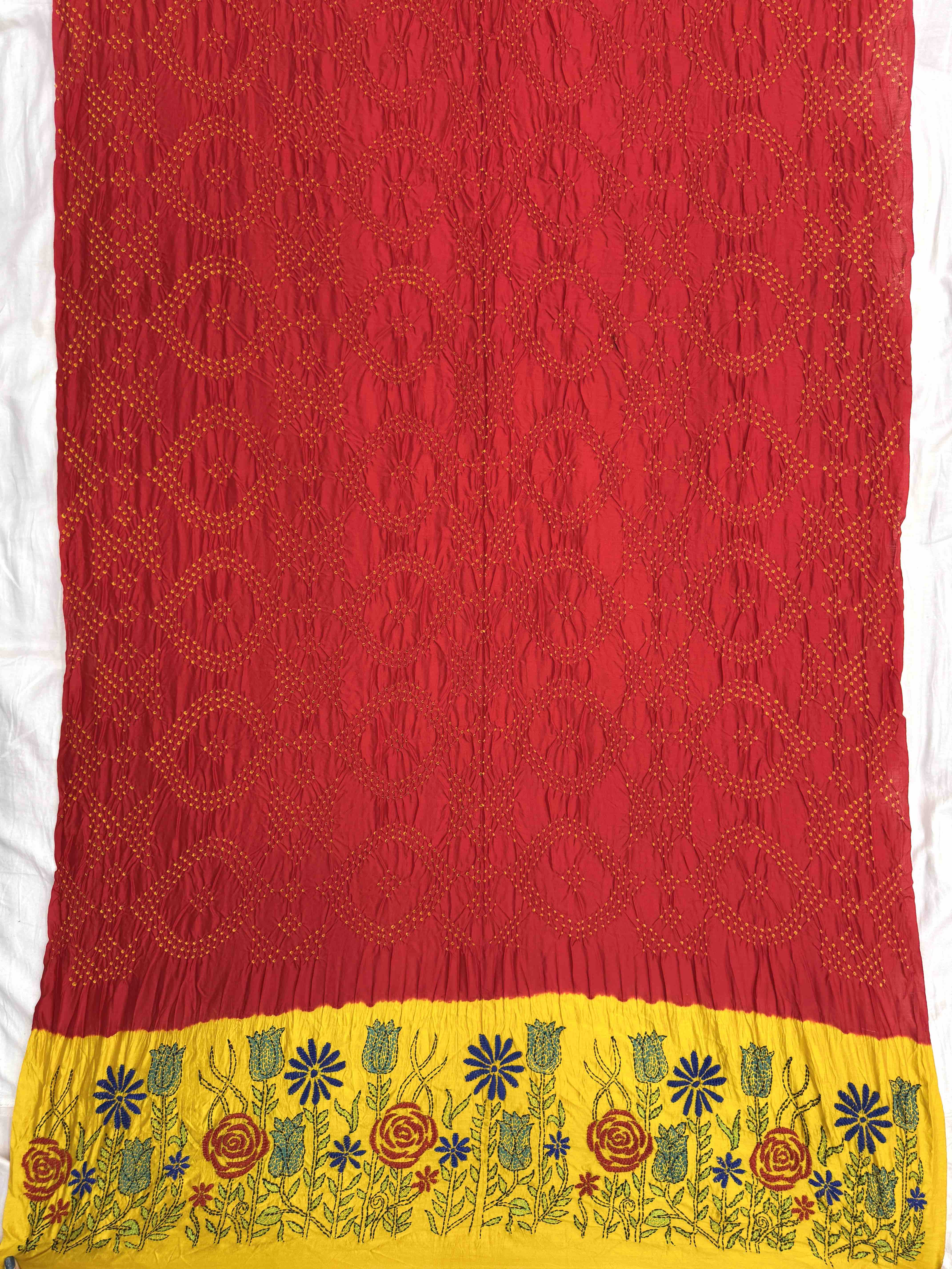 Red & Mustard Bandhej with Kantha Word Dress Material