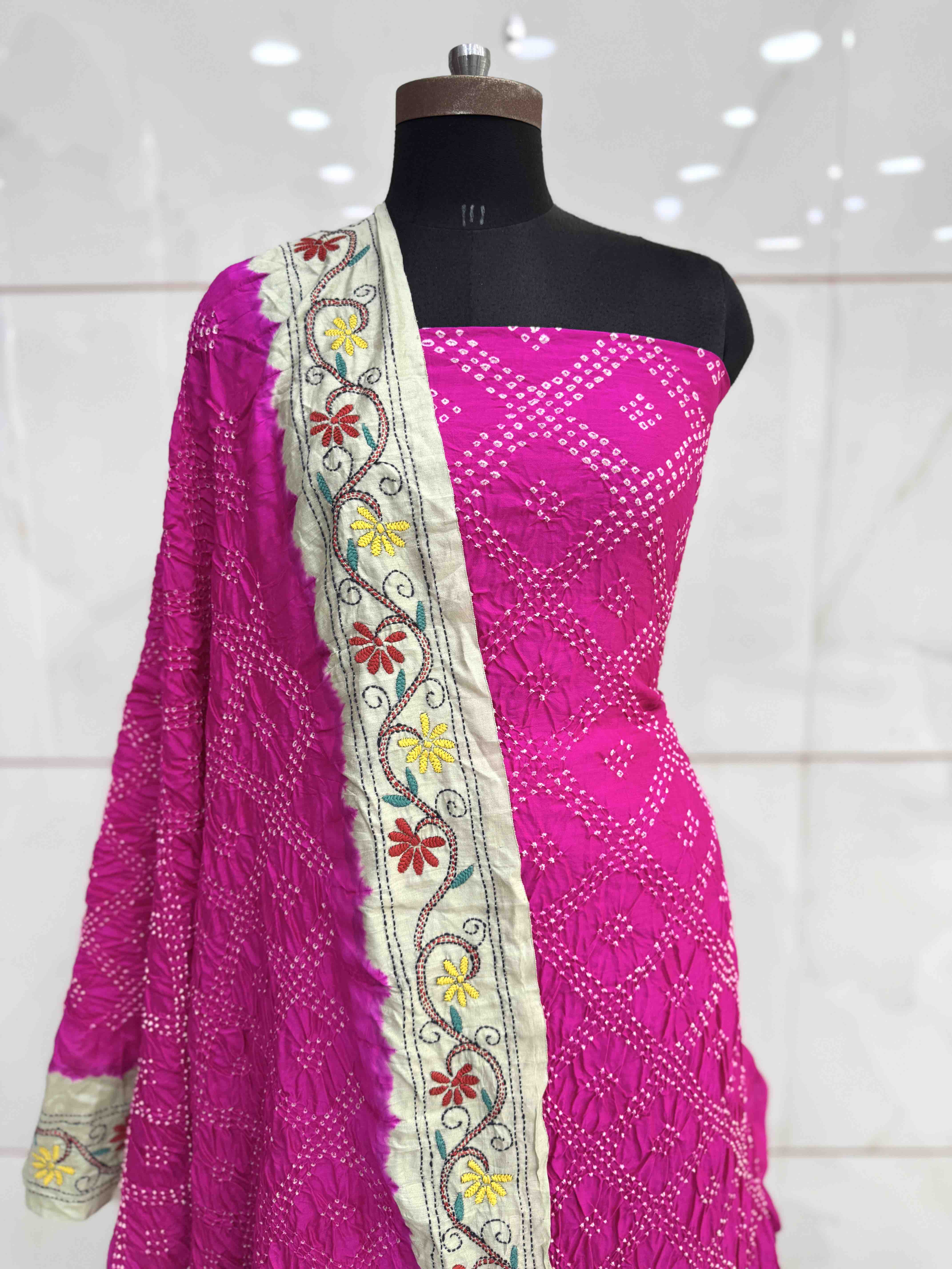 Pink & Off White Bandhej with Kantha Word Dress Material