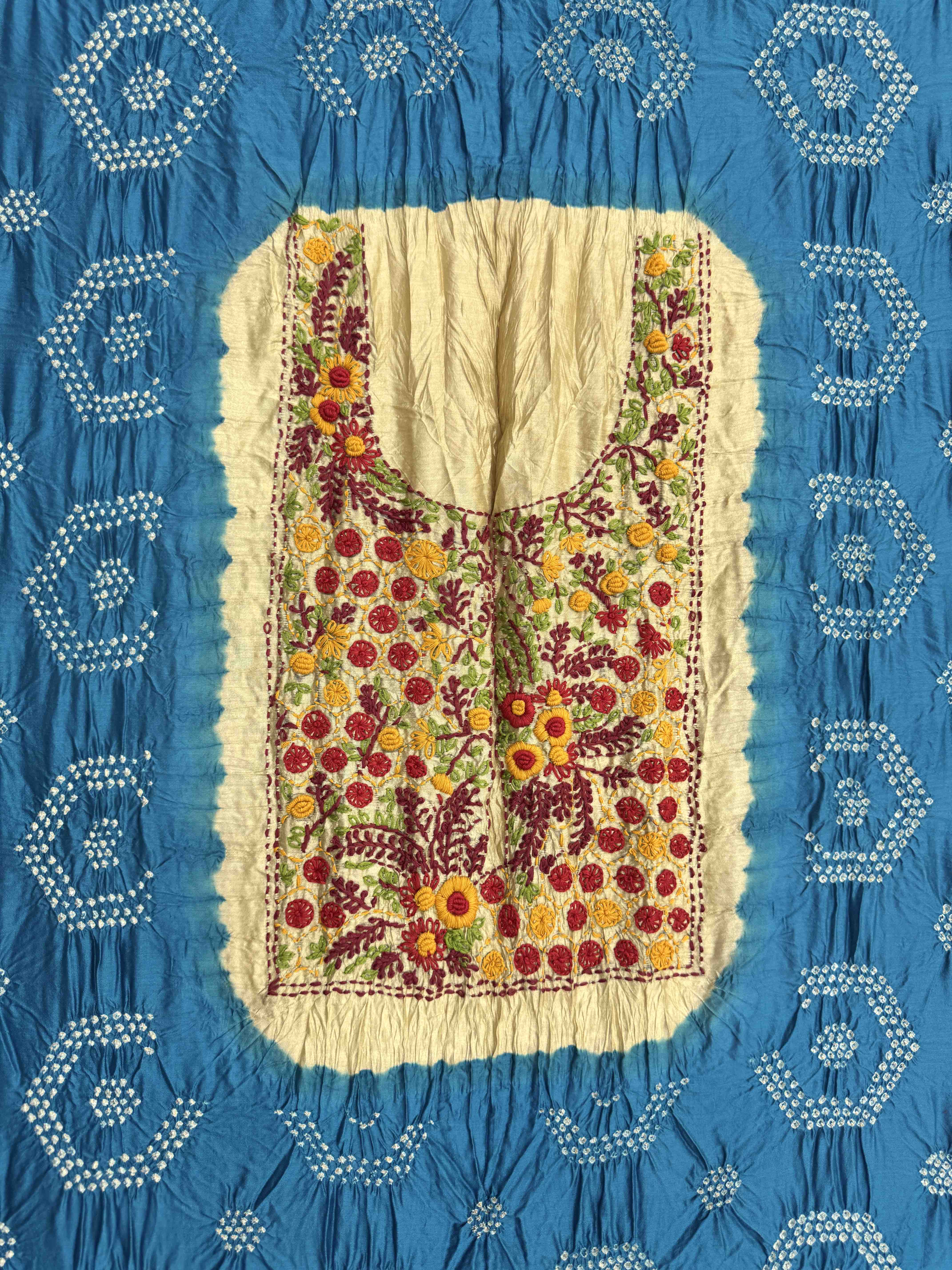 Sky Blue with Tessar Bandhej with Kantha Word Dress Material