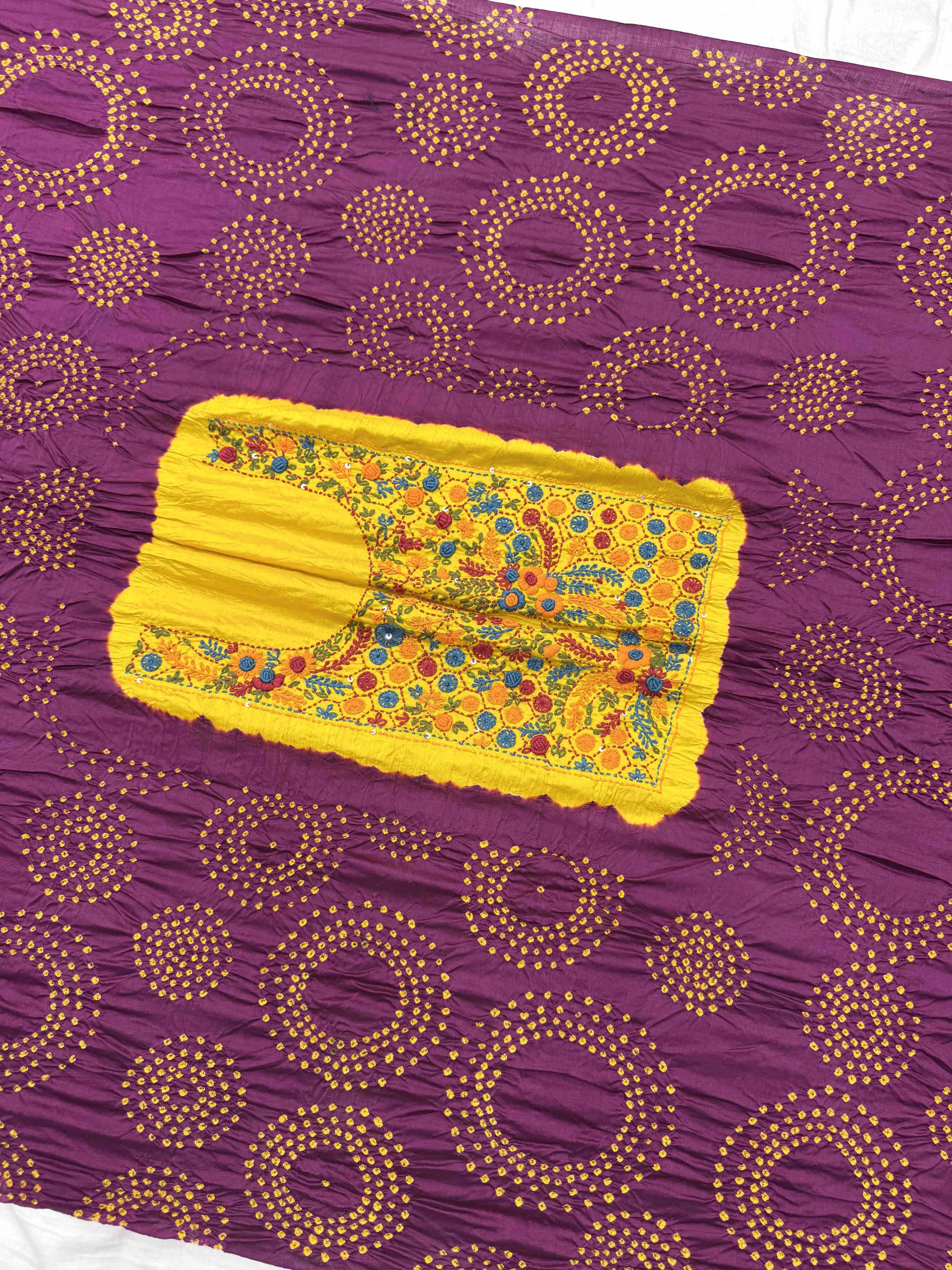 Purple & Yellow Bandhej with Kantha Word Dress Material