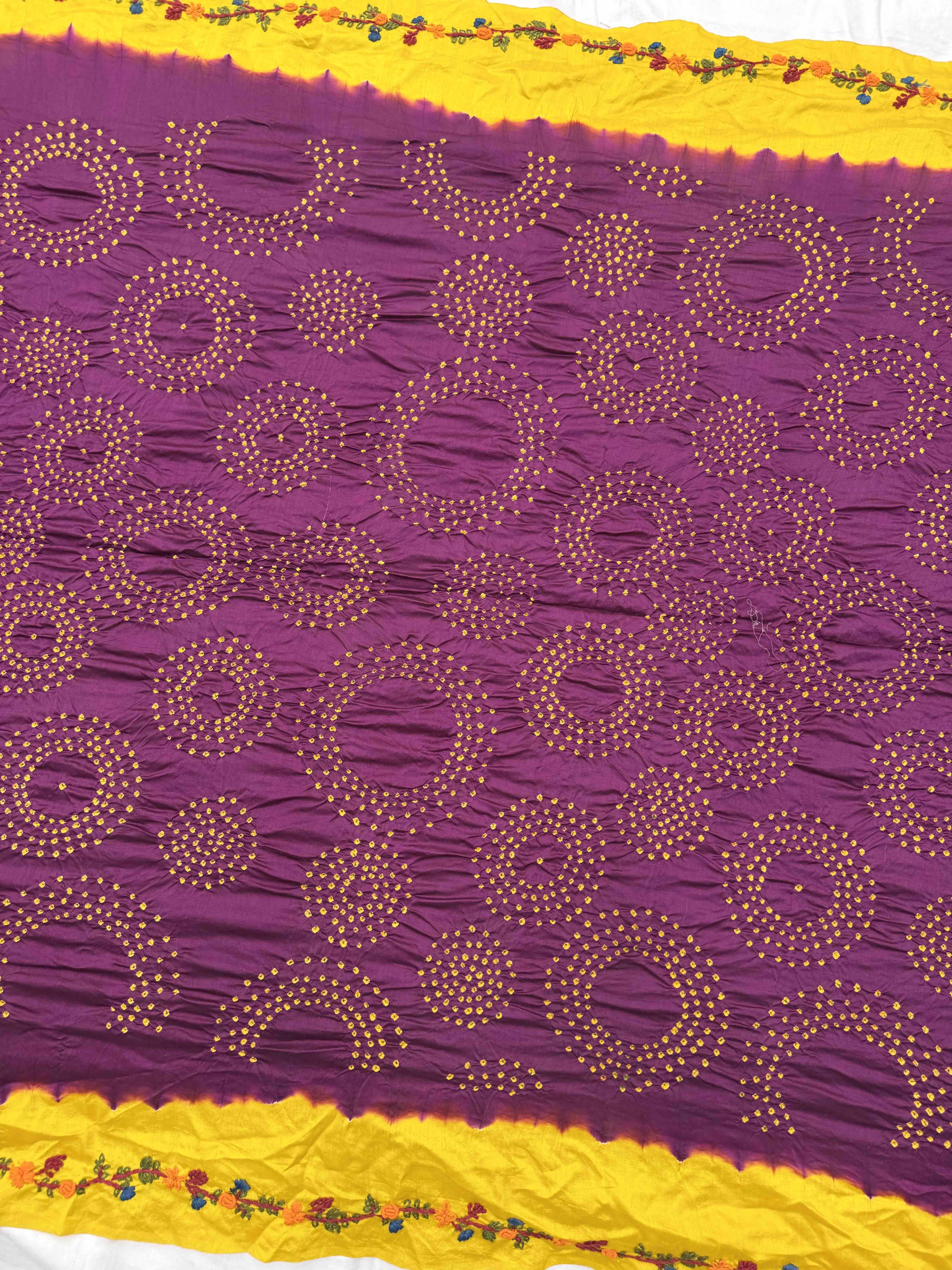 Purple & Yellow Bandhej with Kantha Word Dress Material