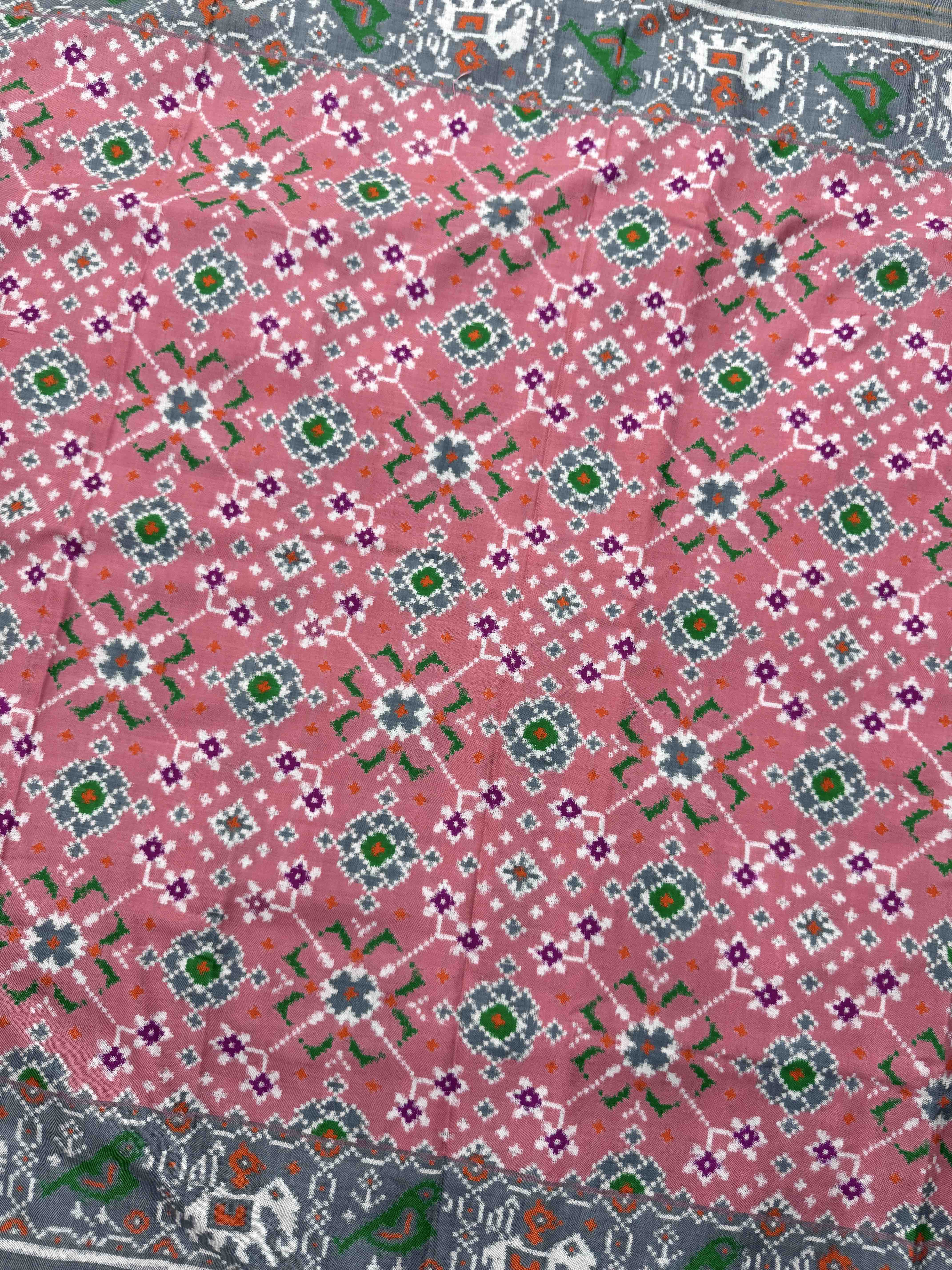 Grey & Light Pink Navratan Double Ikat Patan Patola Saree