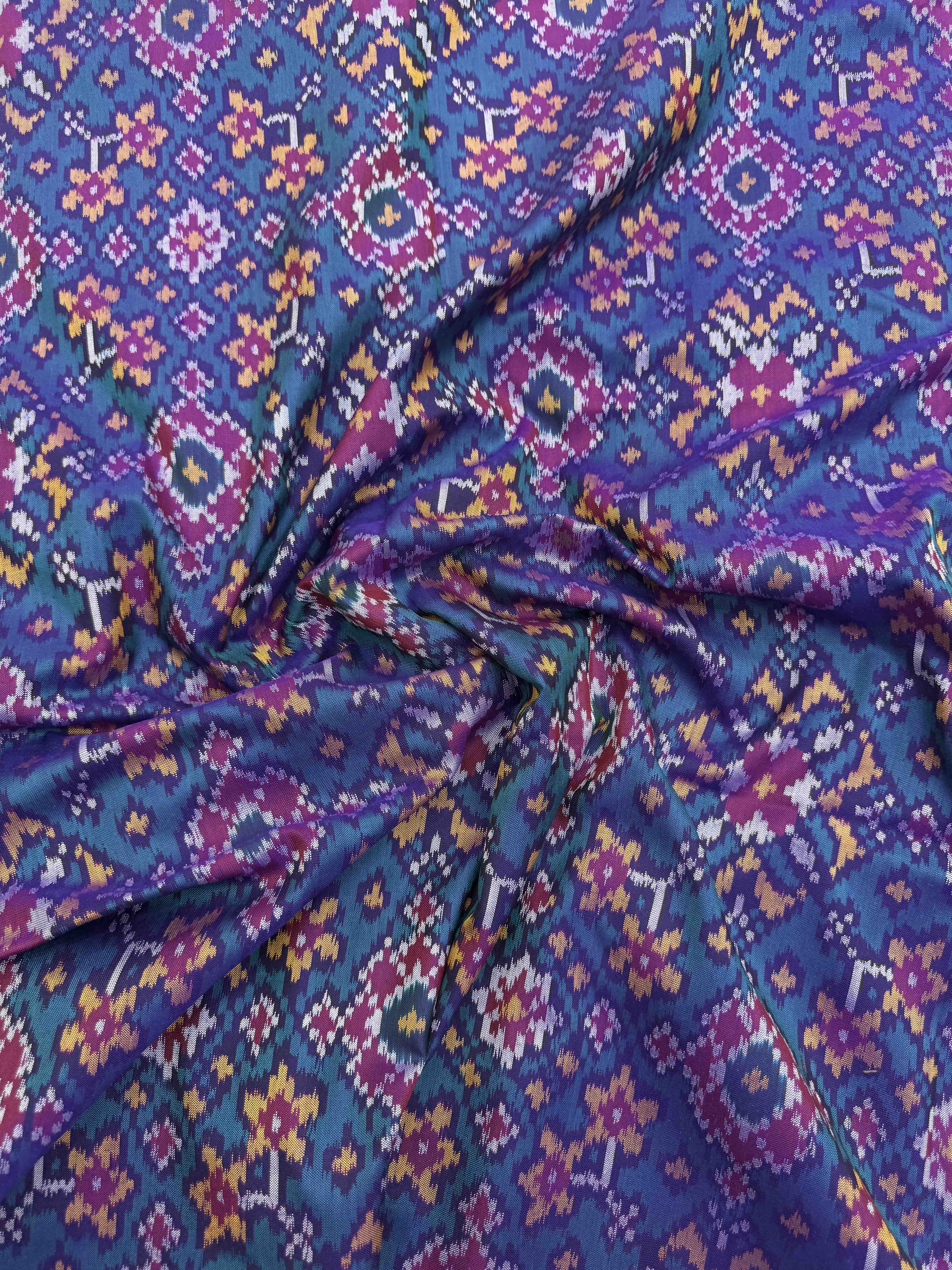 Purple & Turquoise Navratan Single Ikat Patola Silk Fabric