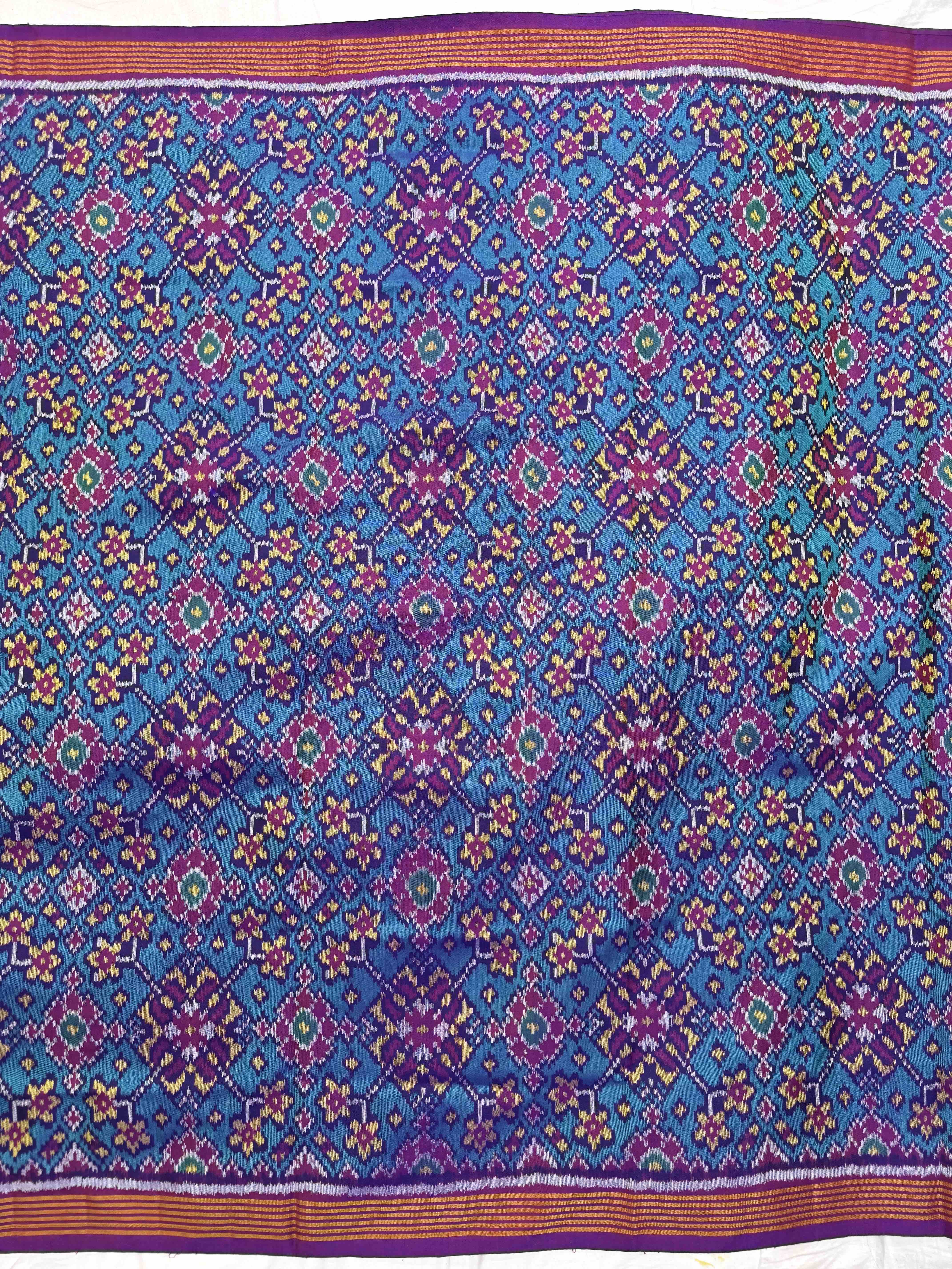Purple & Turquoise Navratan Single Ikat Patola Silk Fabric