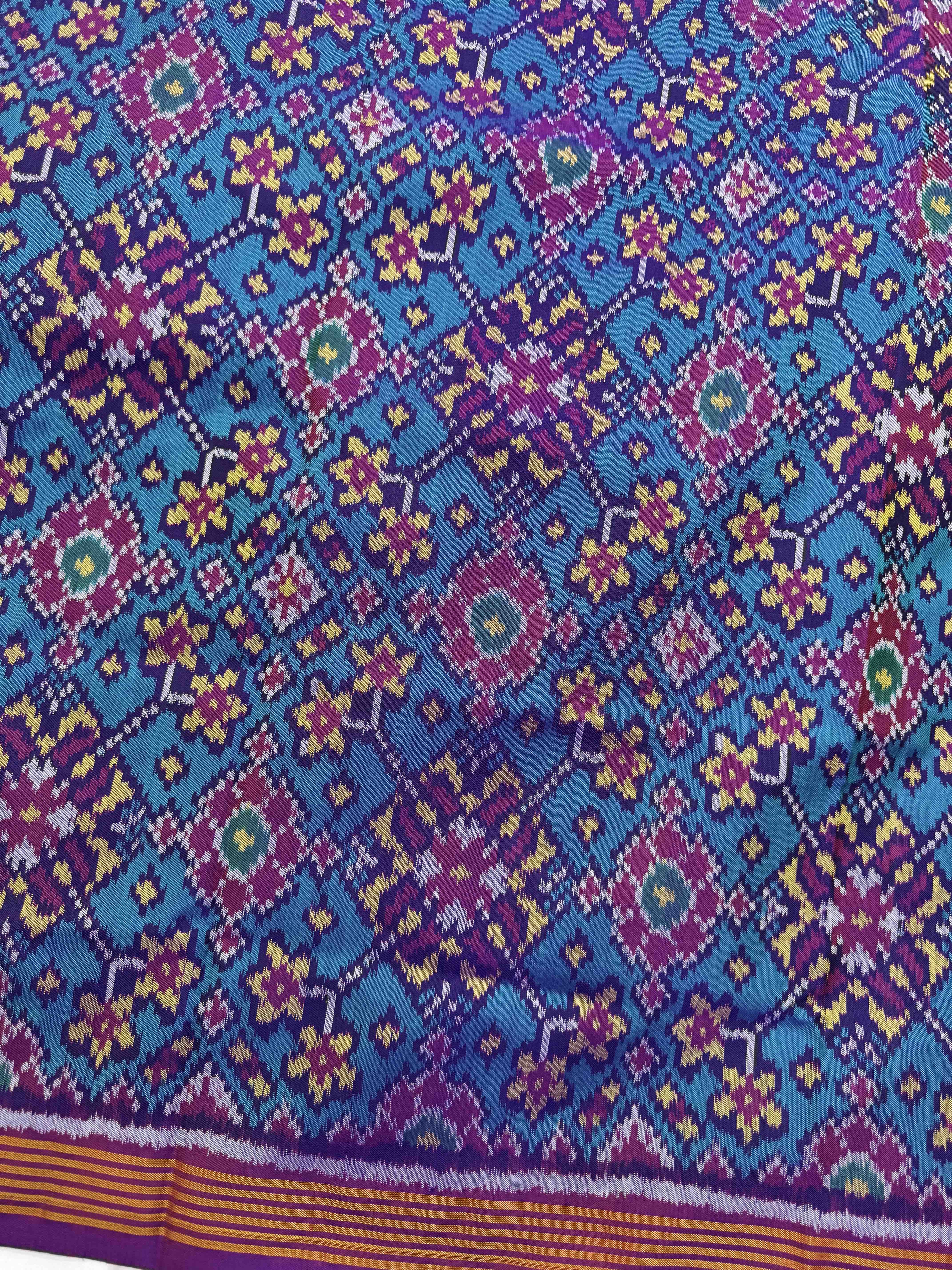 Purple & Turquoise Navratan Single Ikat Patola Silk Fabric