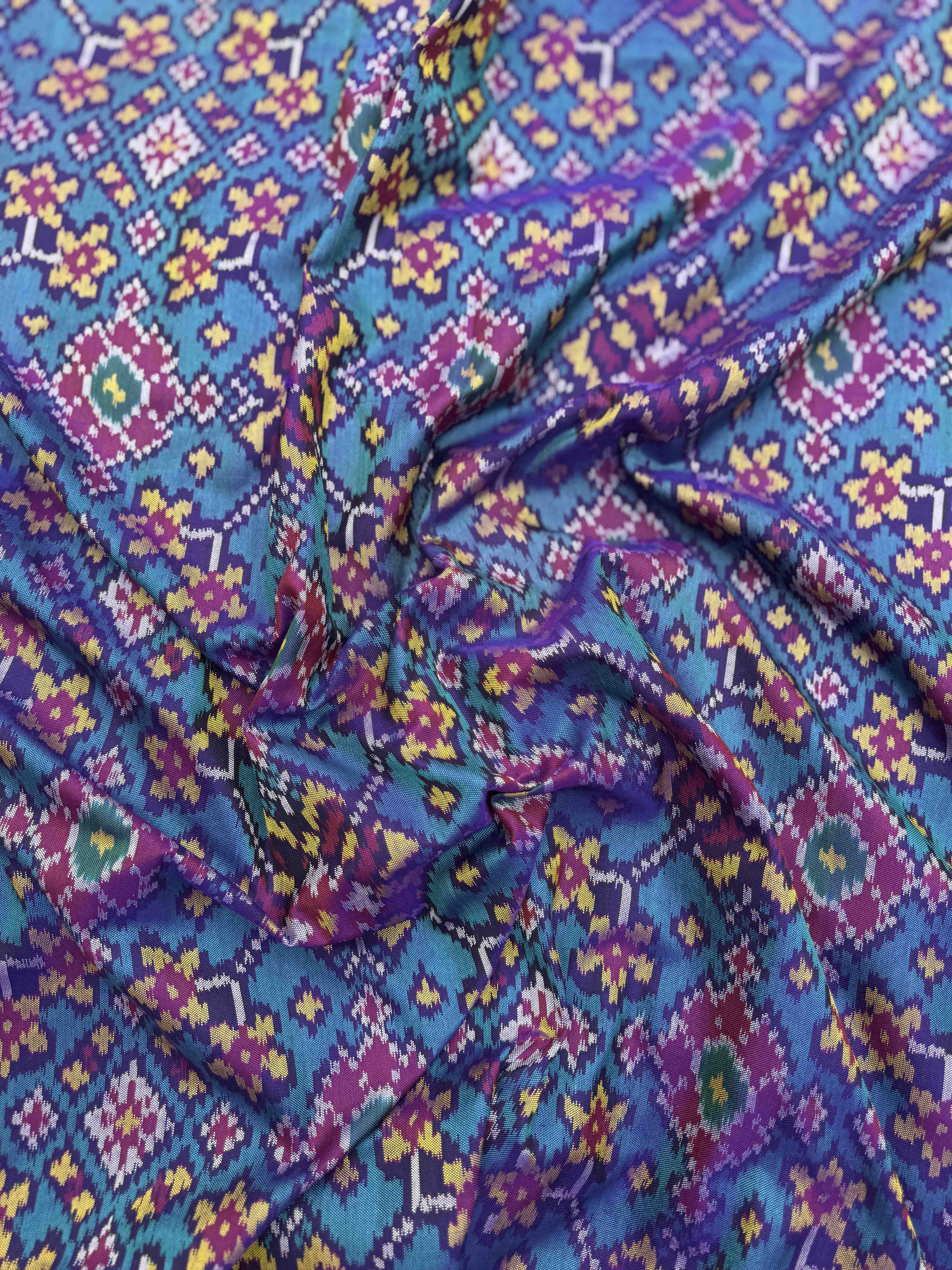 Purple & Turquoise Navratan Single Ikat Patola Silk Fabric