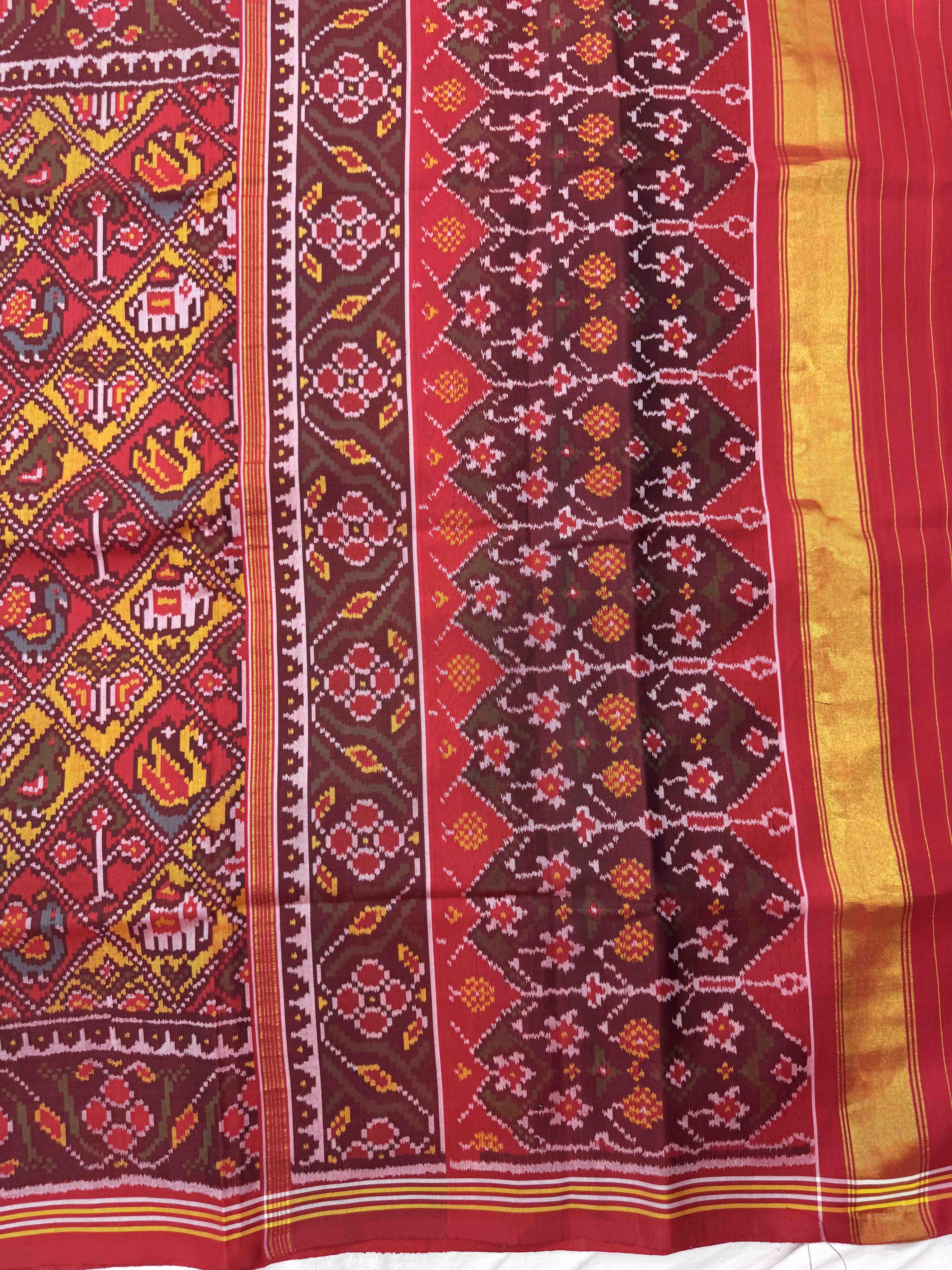 Red & Yellow Small Narikunj Leheriya Single Ikat Patan Patola Saree