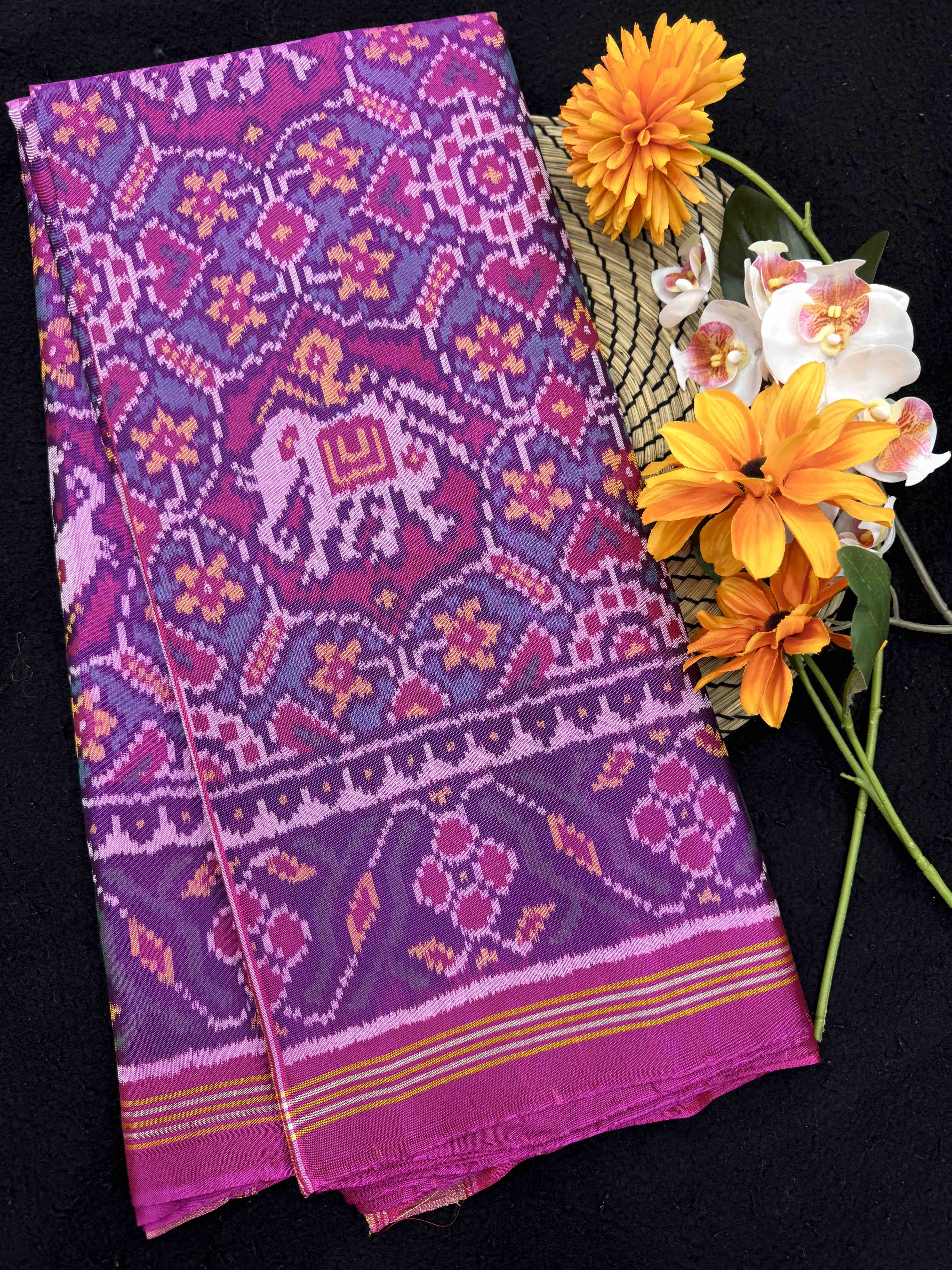 Pink & Turquoise Manekchowk Elephant Single Ikat Patan Patola Saree
