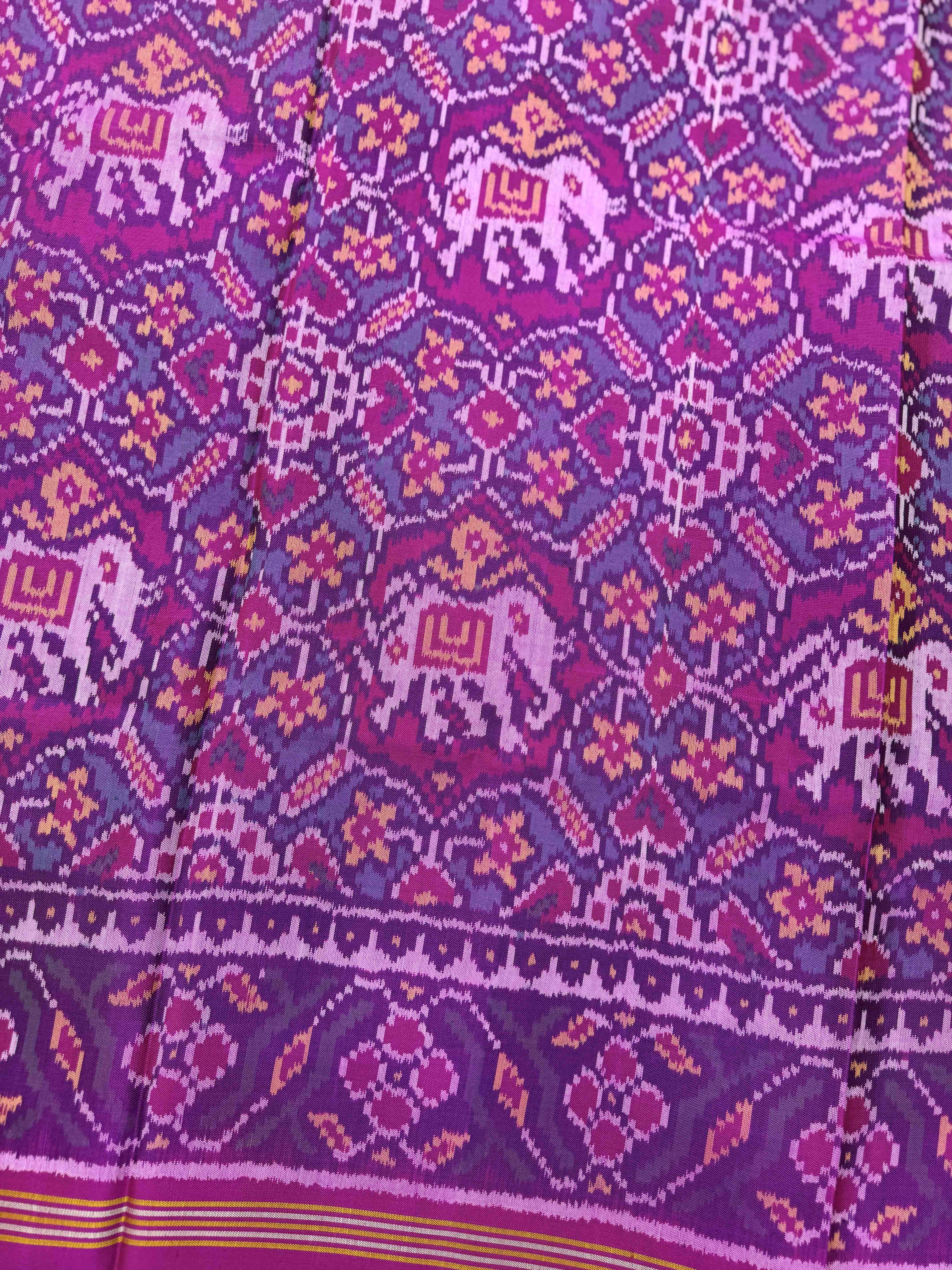 Pink & Turquoise Manekchowk Elephant Single Ikat Patan Patola Saree