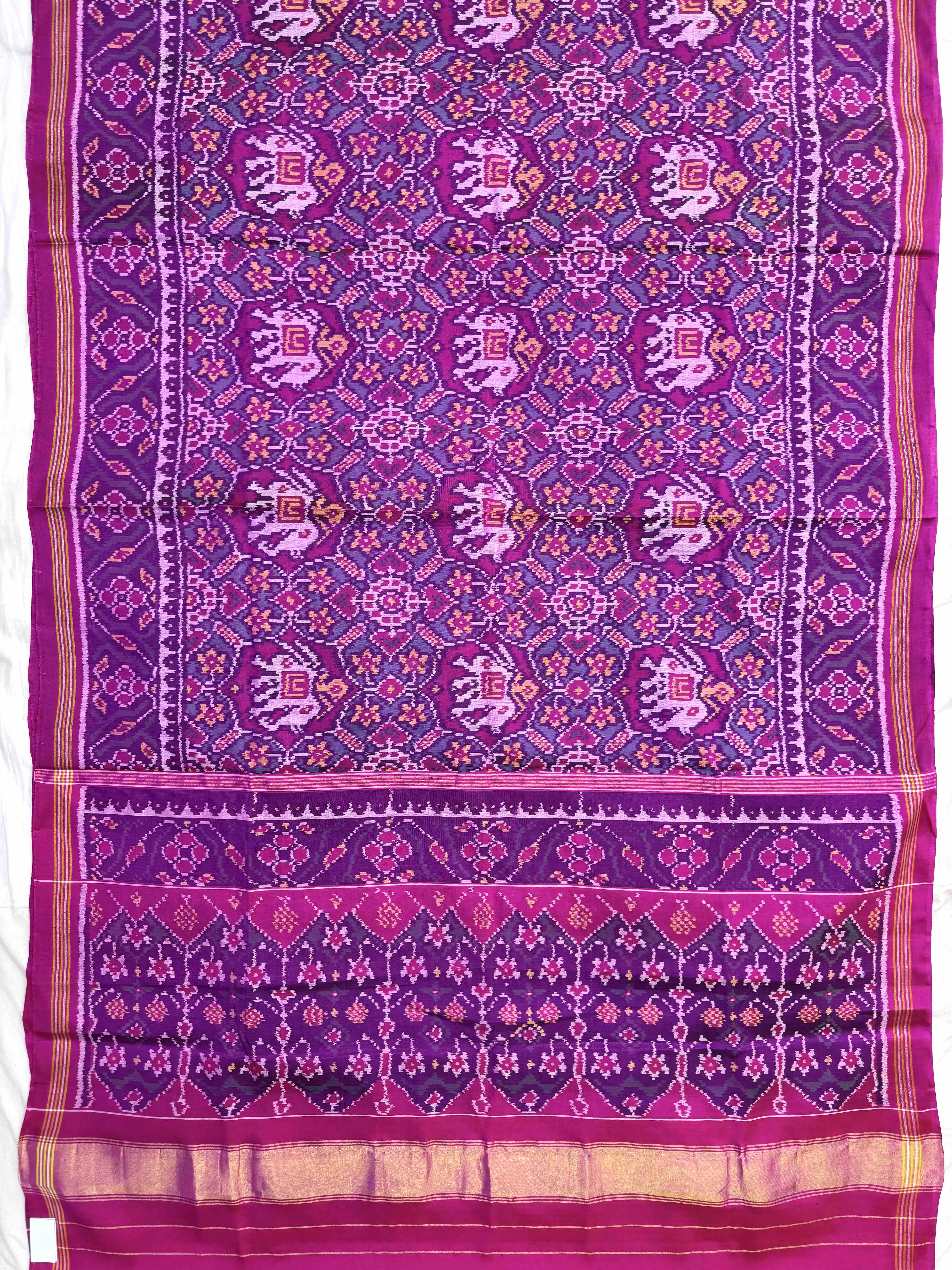 Pink & Turquoise Manekchowk Elephant Single Ikat Patan Patola Saree