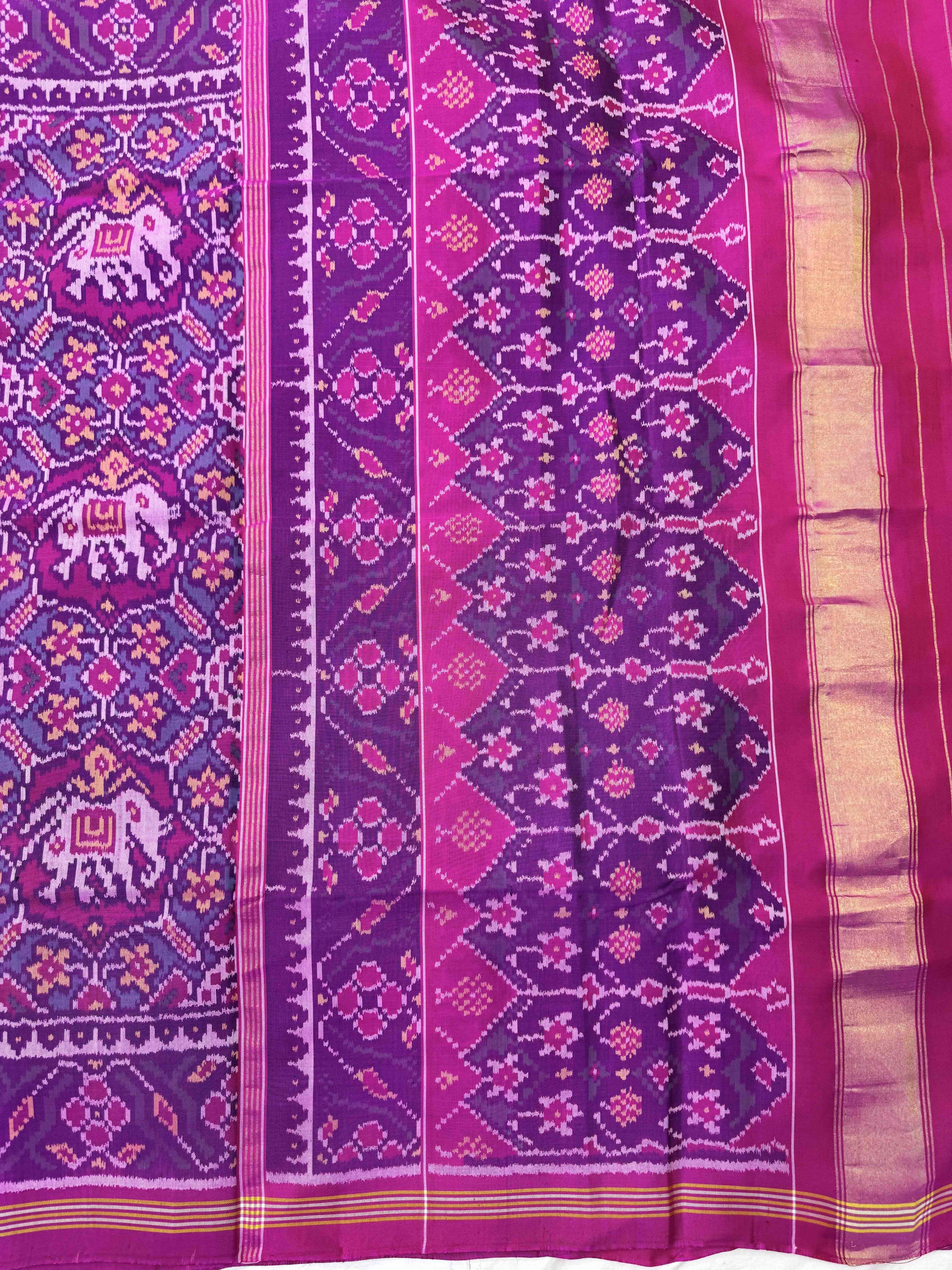 Pink & Turquoise Manekchowk Elephant Single Ikat Patan Patola Saree