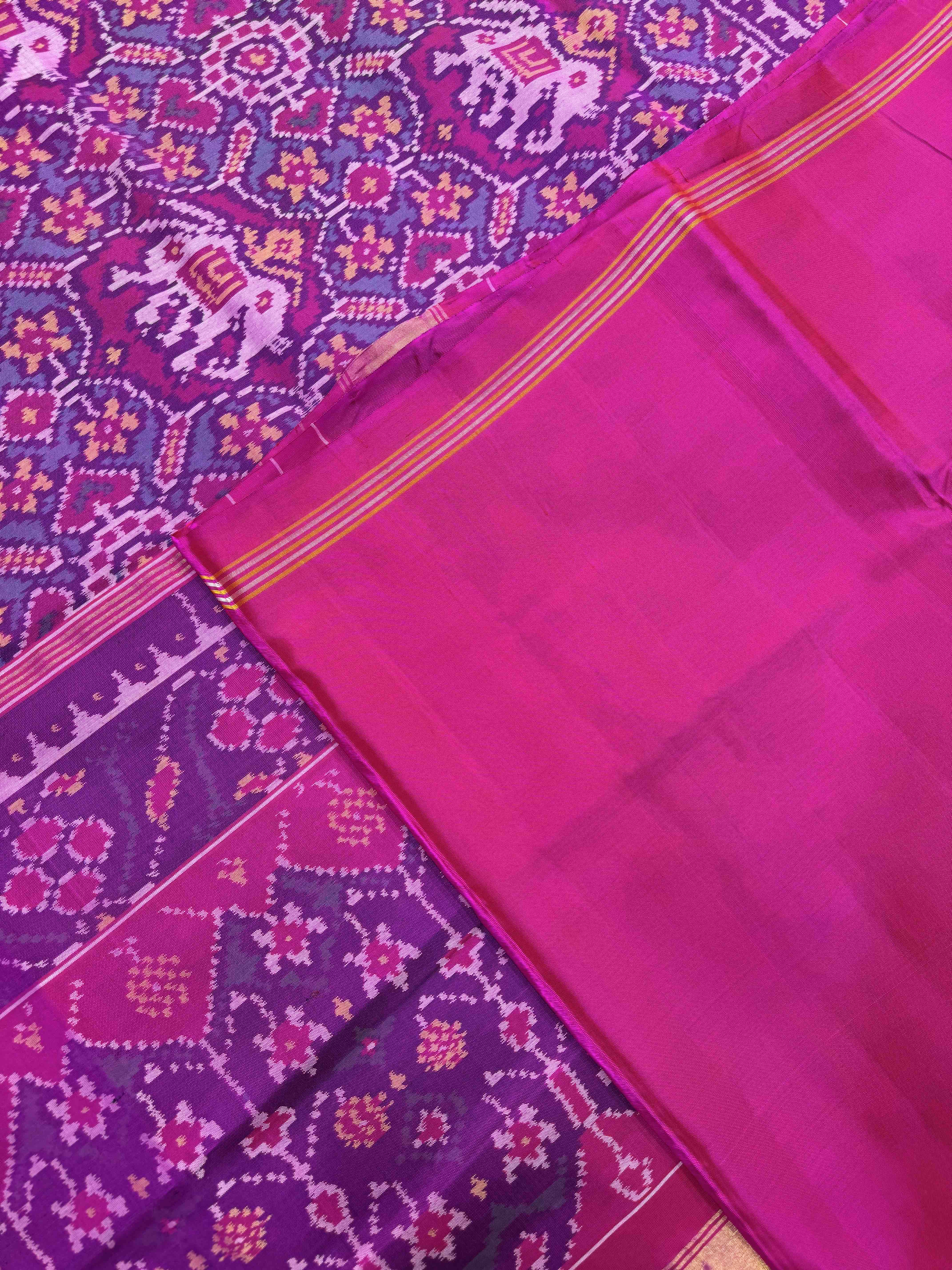 Pink & Turquoise Manekchowk Elephant Single Ikat Patan Patola Saree