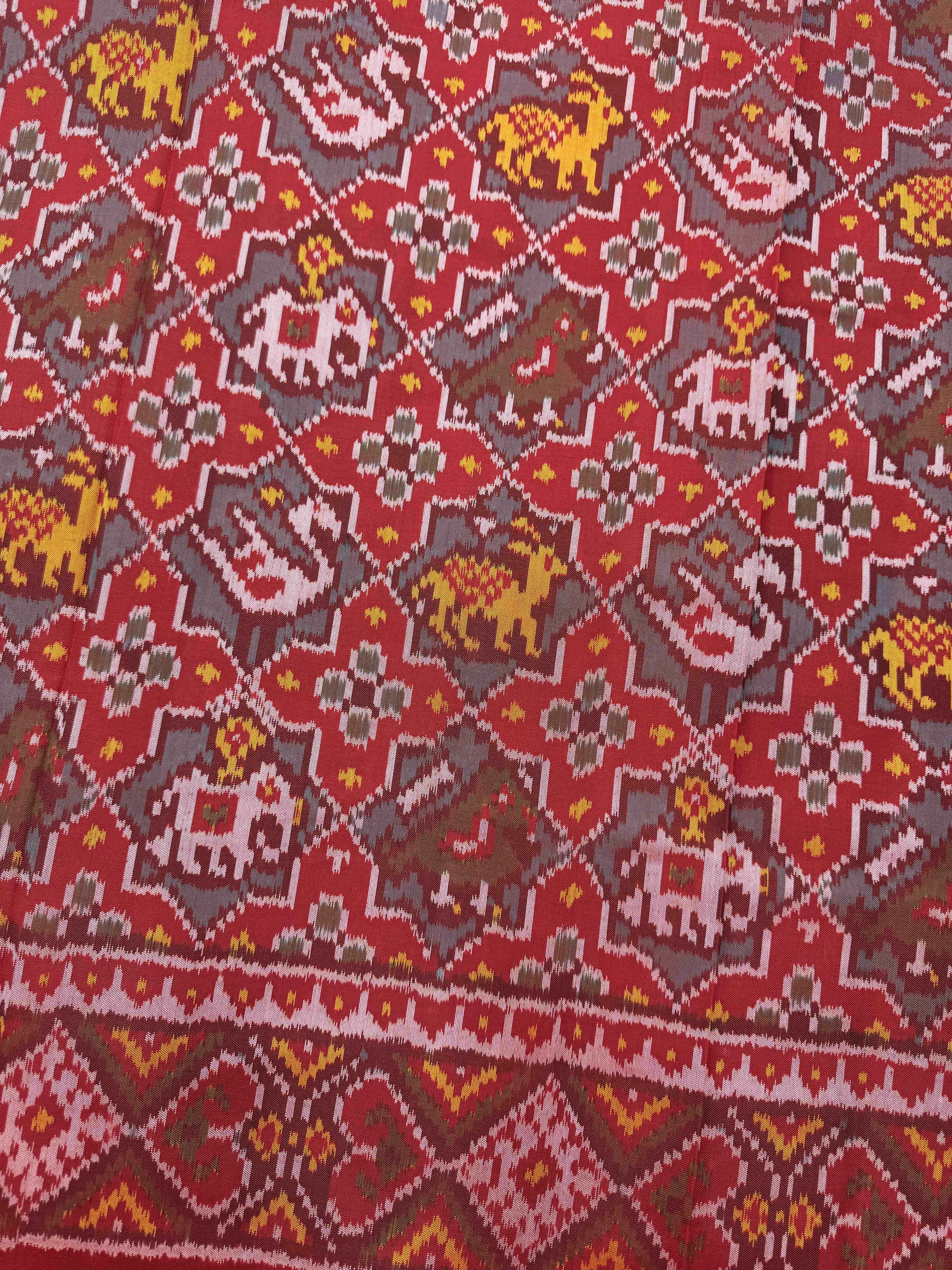 Red & Turquoise Small Star Narikunj Single Ikat Patan Patola Saree