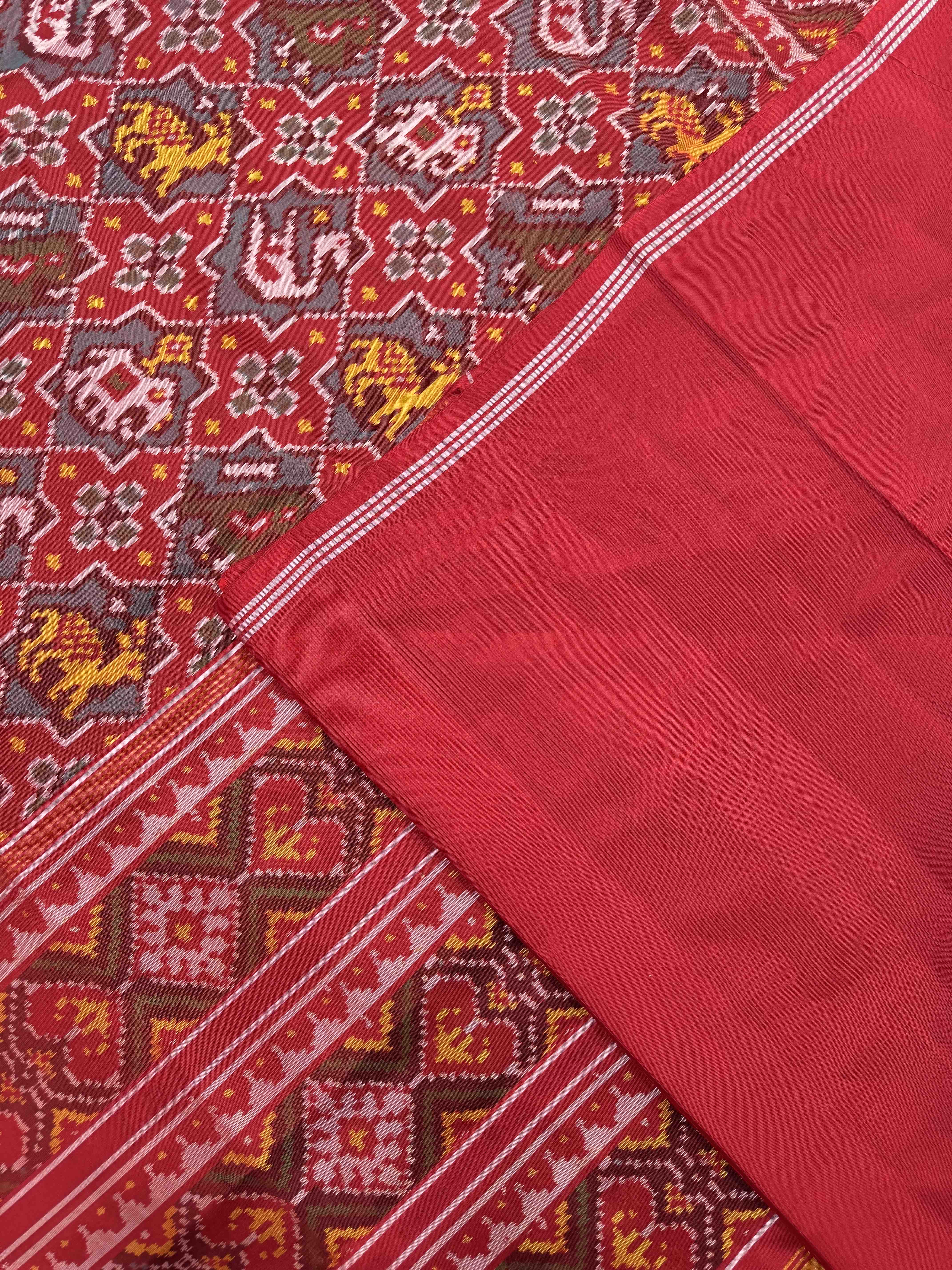 Red & Turquoise Small Star Narikunj Single Ikat Patan Patola Saree