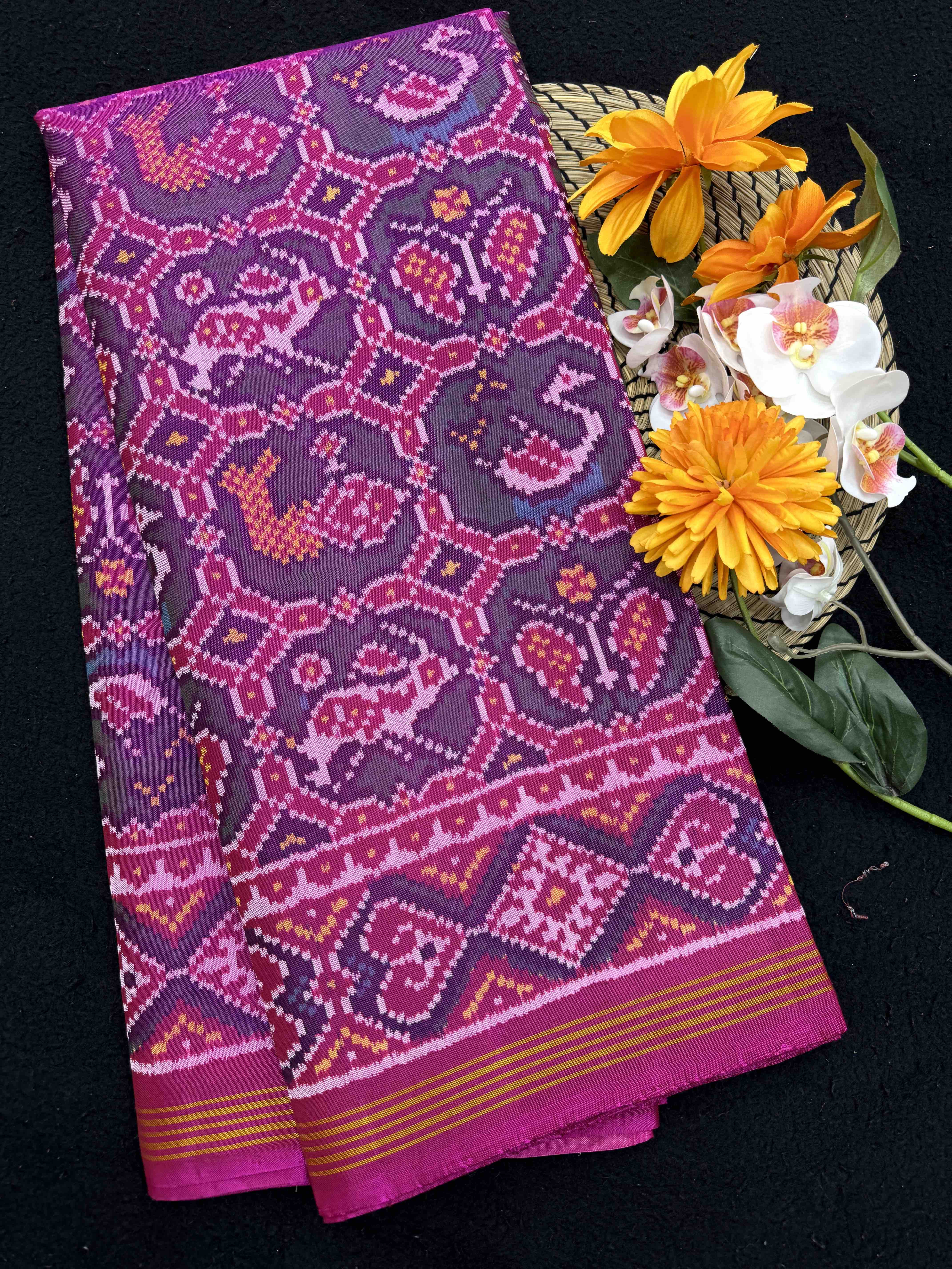 Pink & Turquoise Small Narikunj Single Ikat Patan Patola Saree