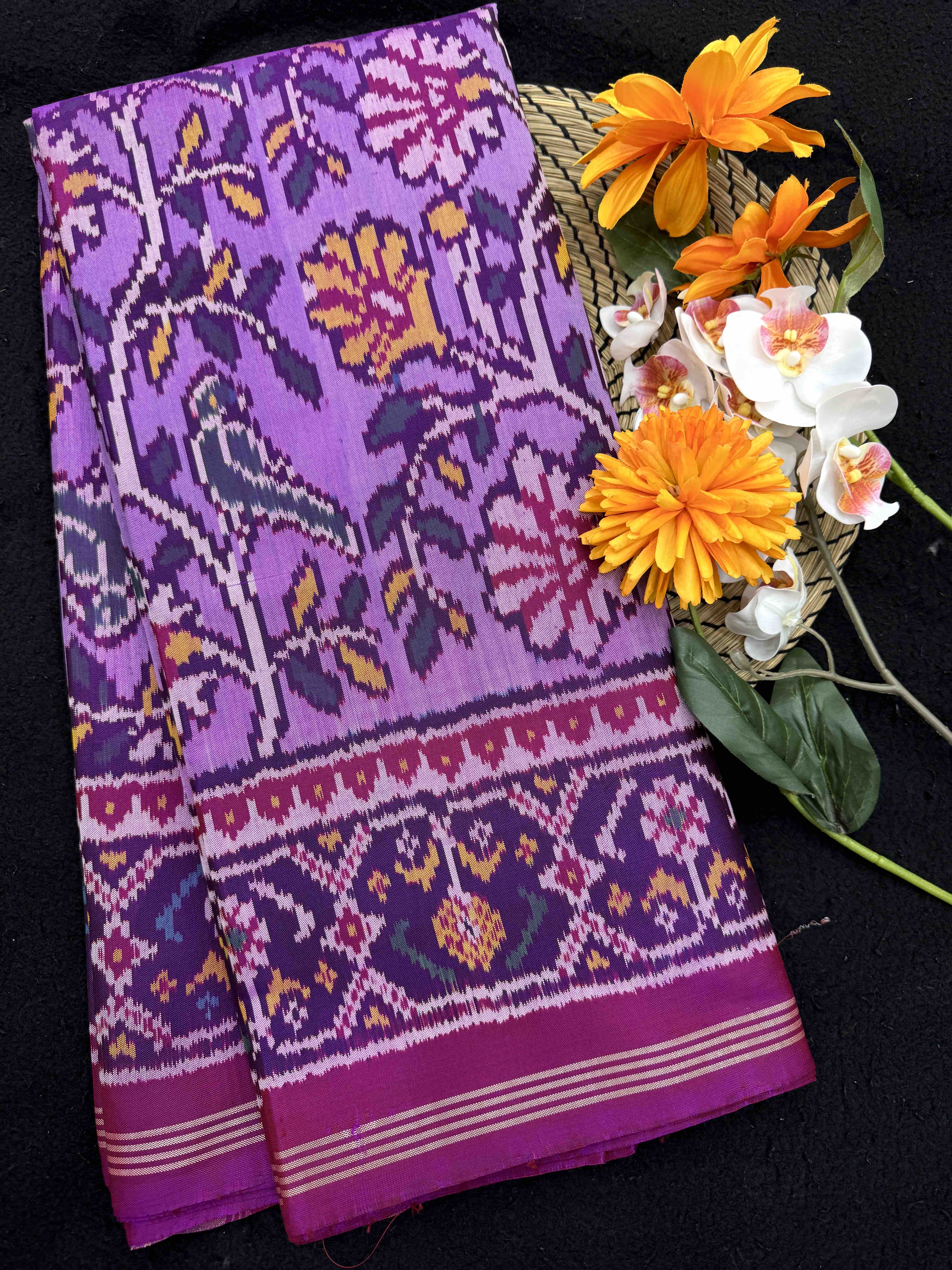 Purple & Light Purple Bird Flower Fancy Single Ikat Patan Patola Saree