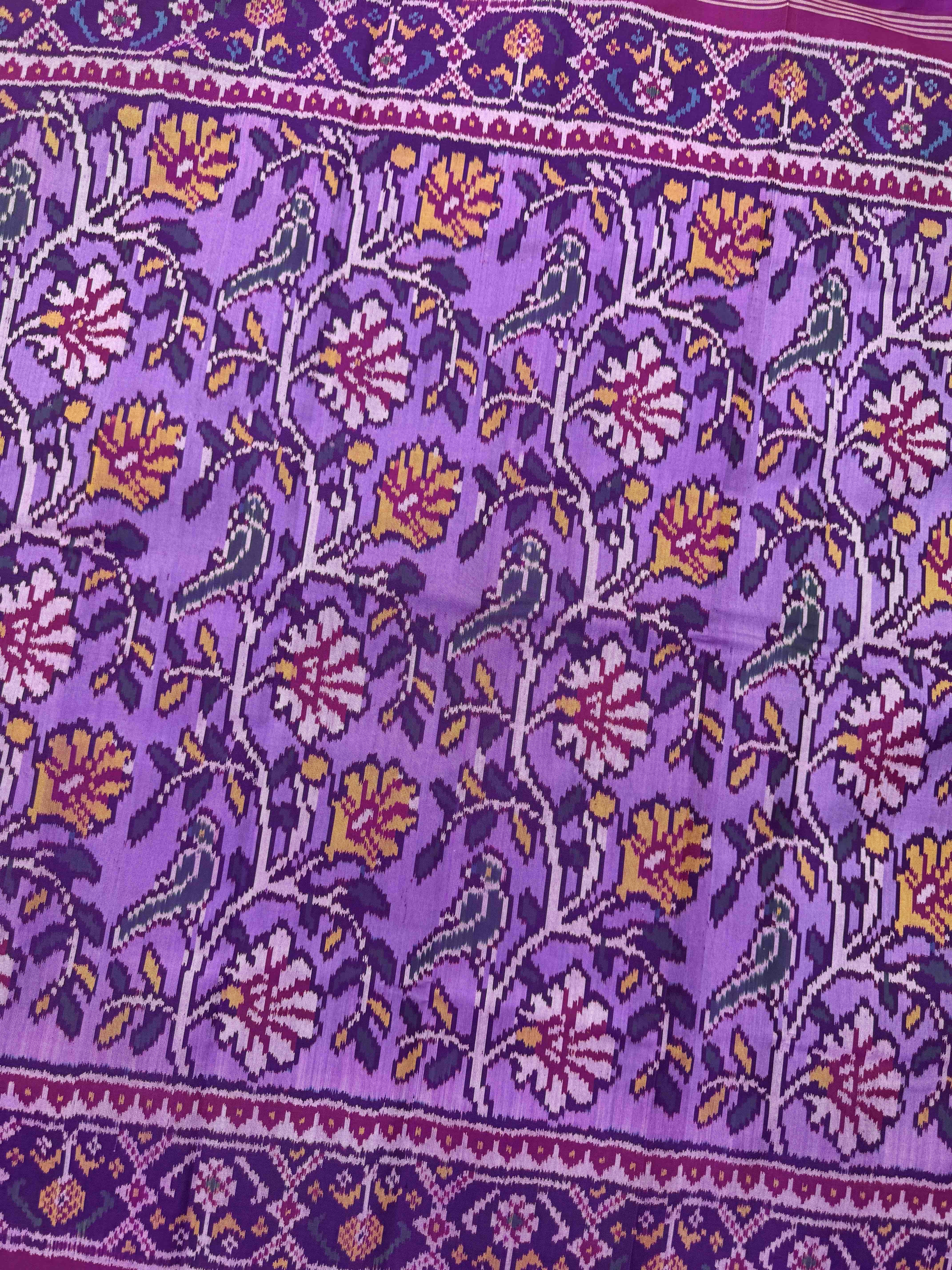 Purple & Light Purple Bird Flower Fancy Single Ikat Patan Patola Saree