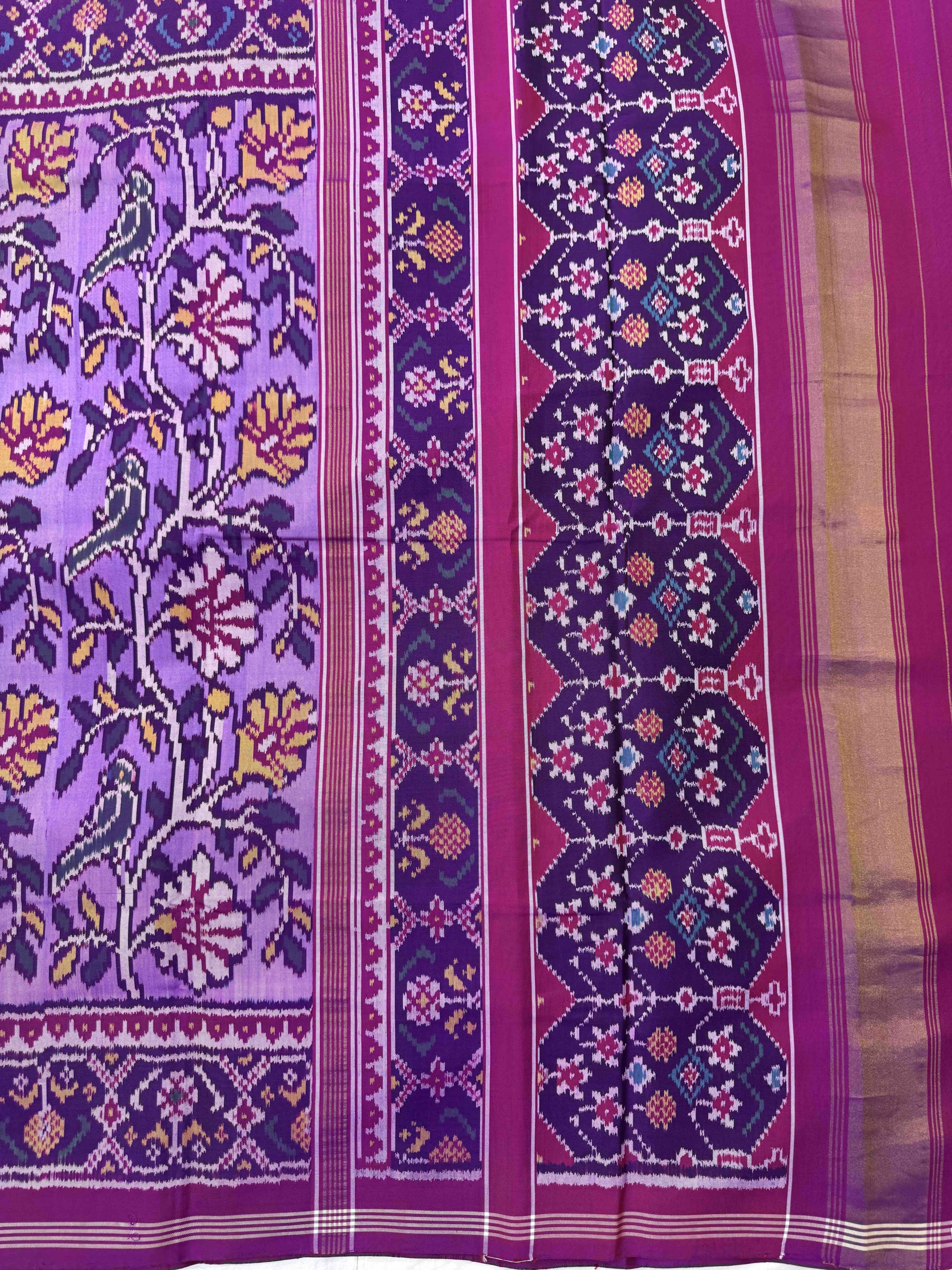 Purple & Light Purple Bird Flower Fancy Single Ikat Patan Patola Saree