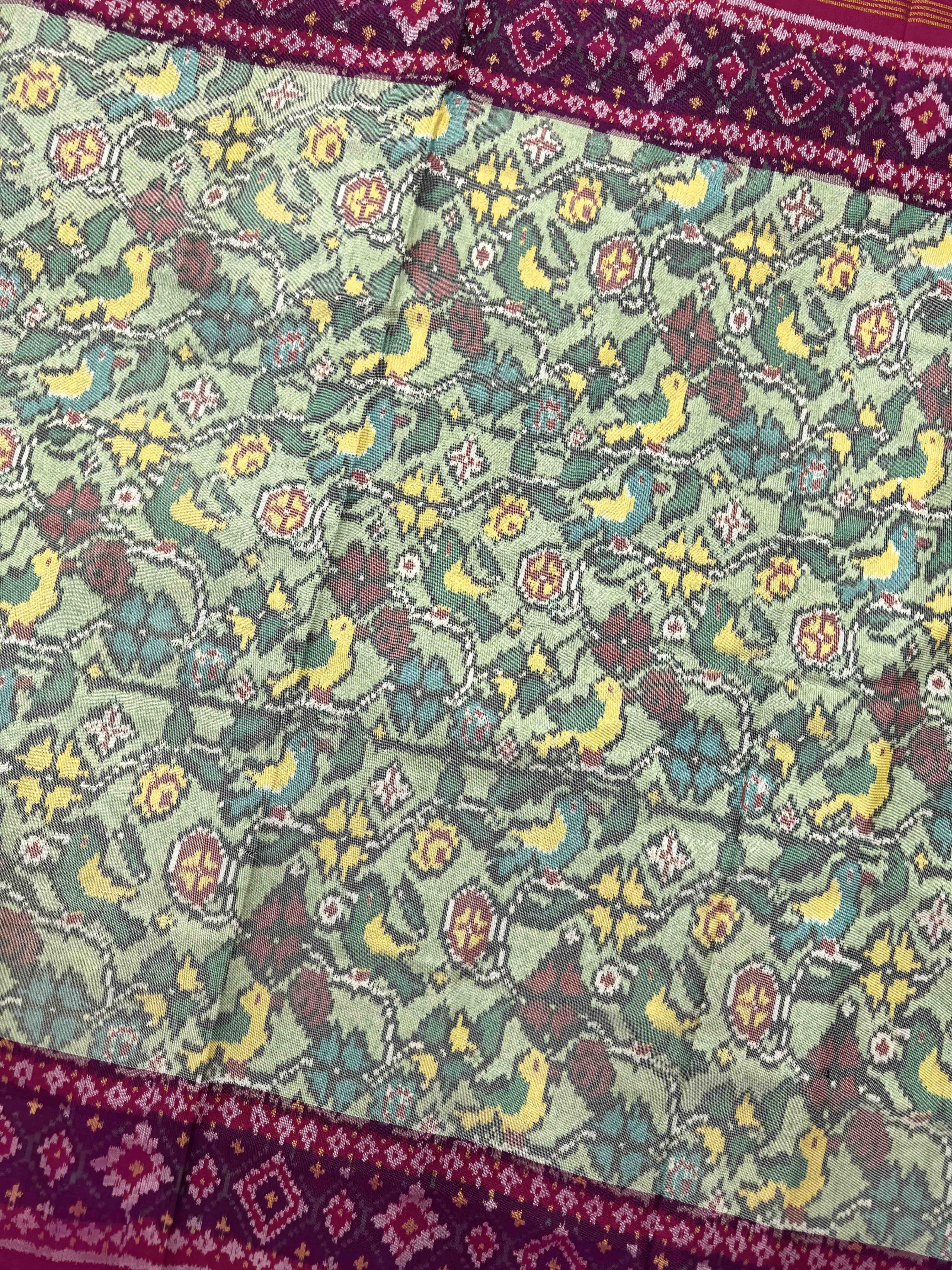 Pink & Light Green Flower Birds Single Ikat Patan Patola Saree