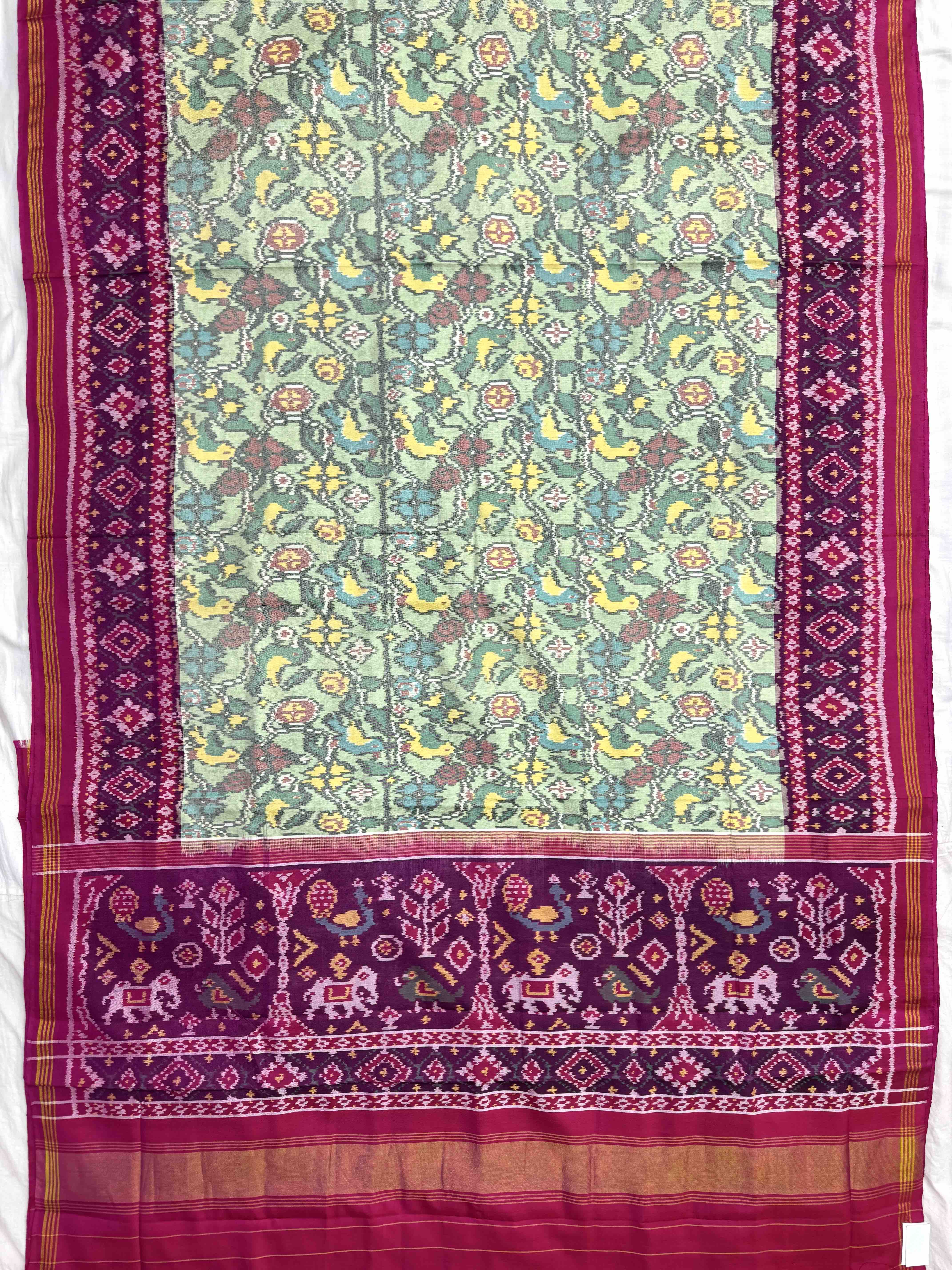 Pink & Light Green Flower Birds Single Ikat Patan Patola Saree