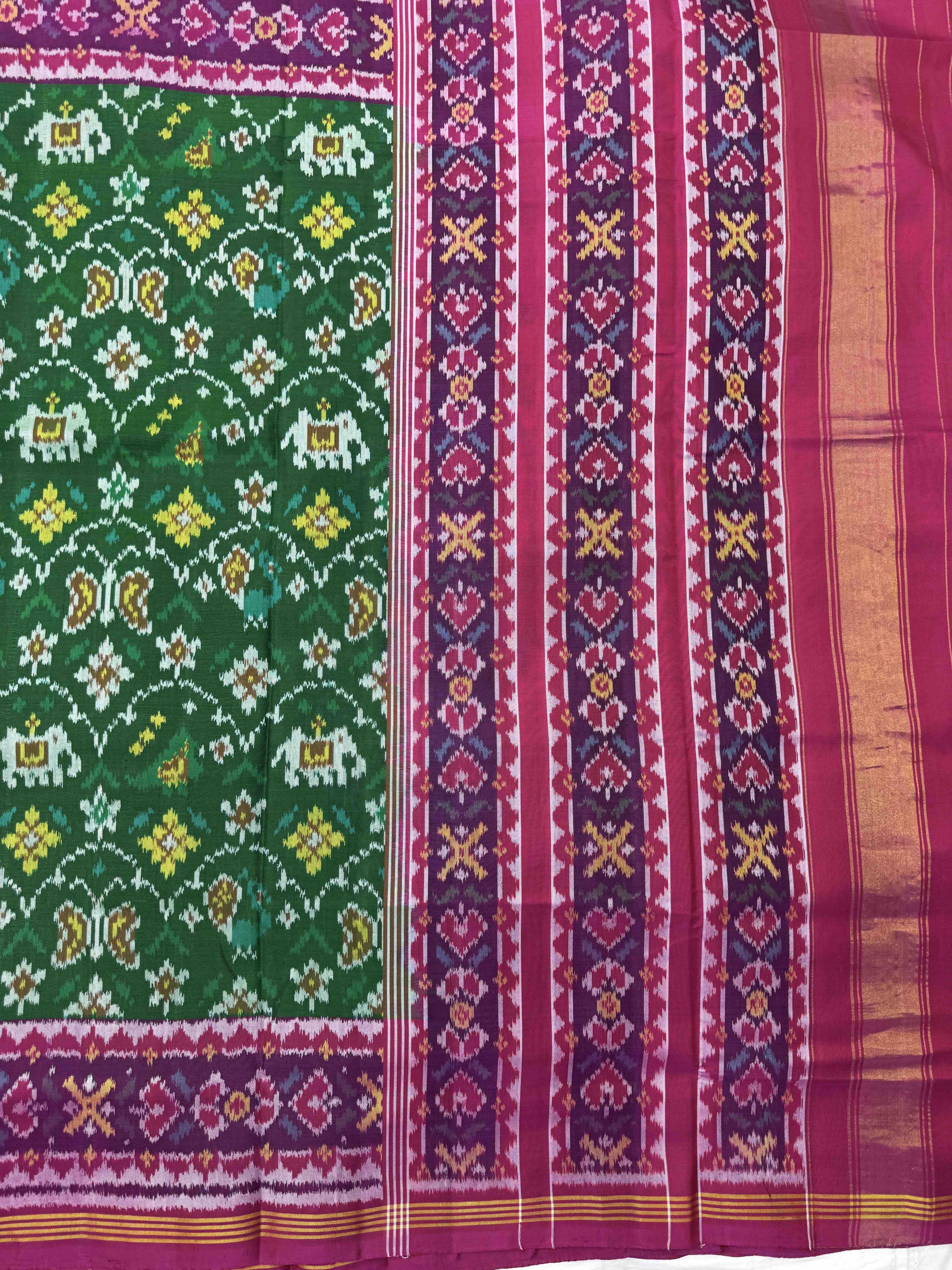 Pink & Green Fancy Narikunj Single Ikat Patan Patola Saree