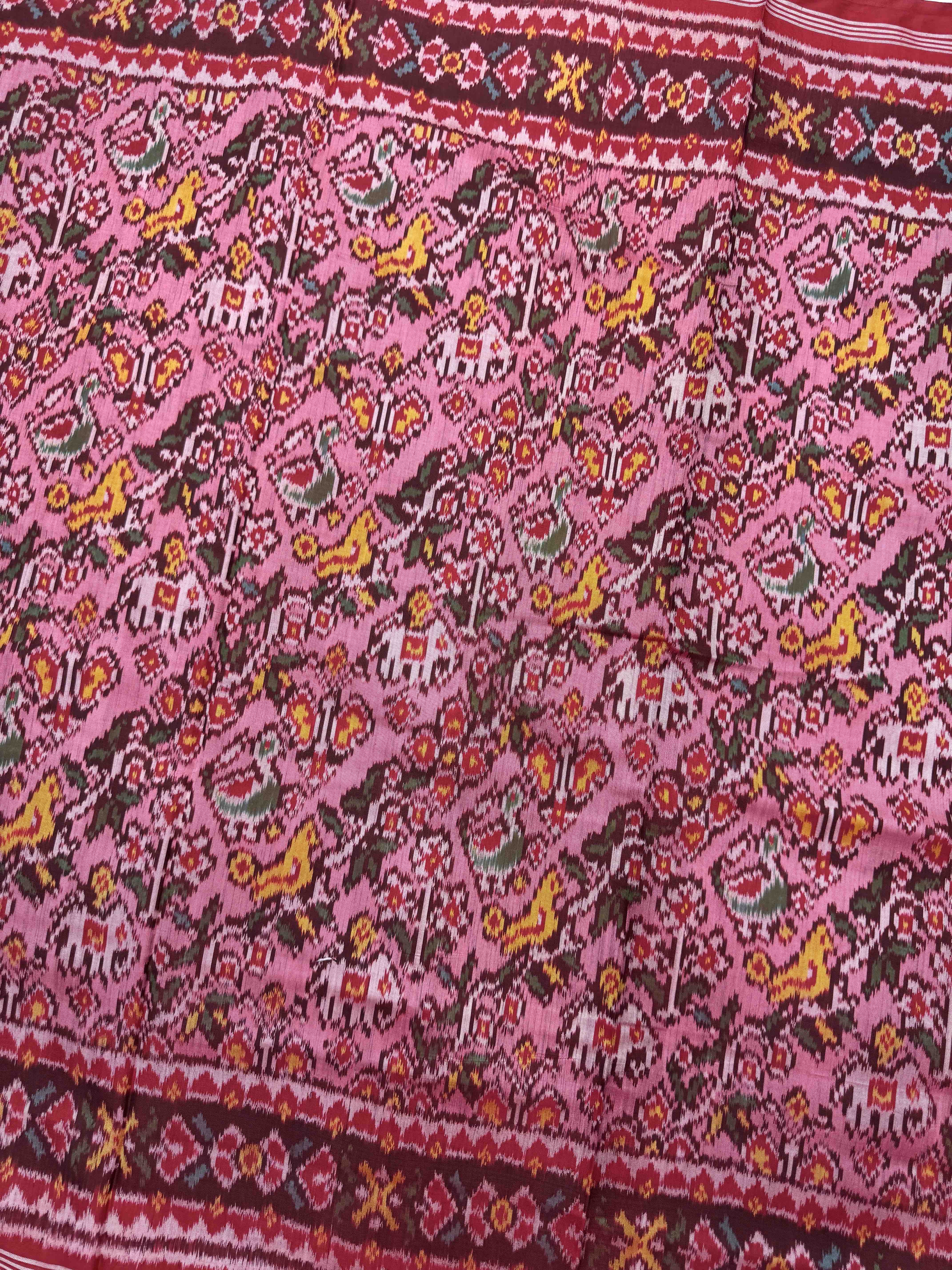 Red & Light Pink Narikunj Leheriya Single Ikat Patan Patola Saree