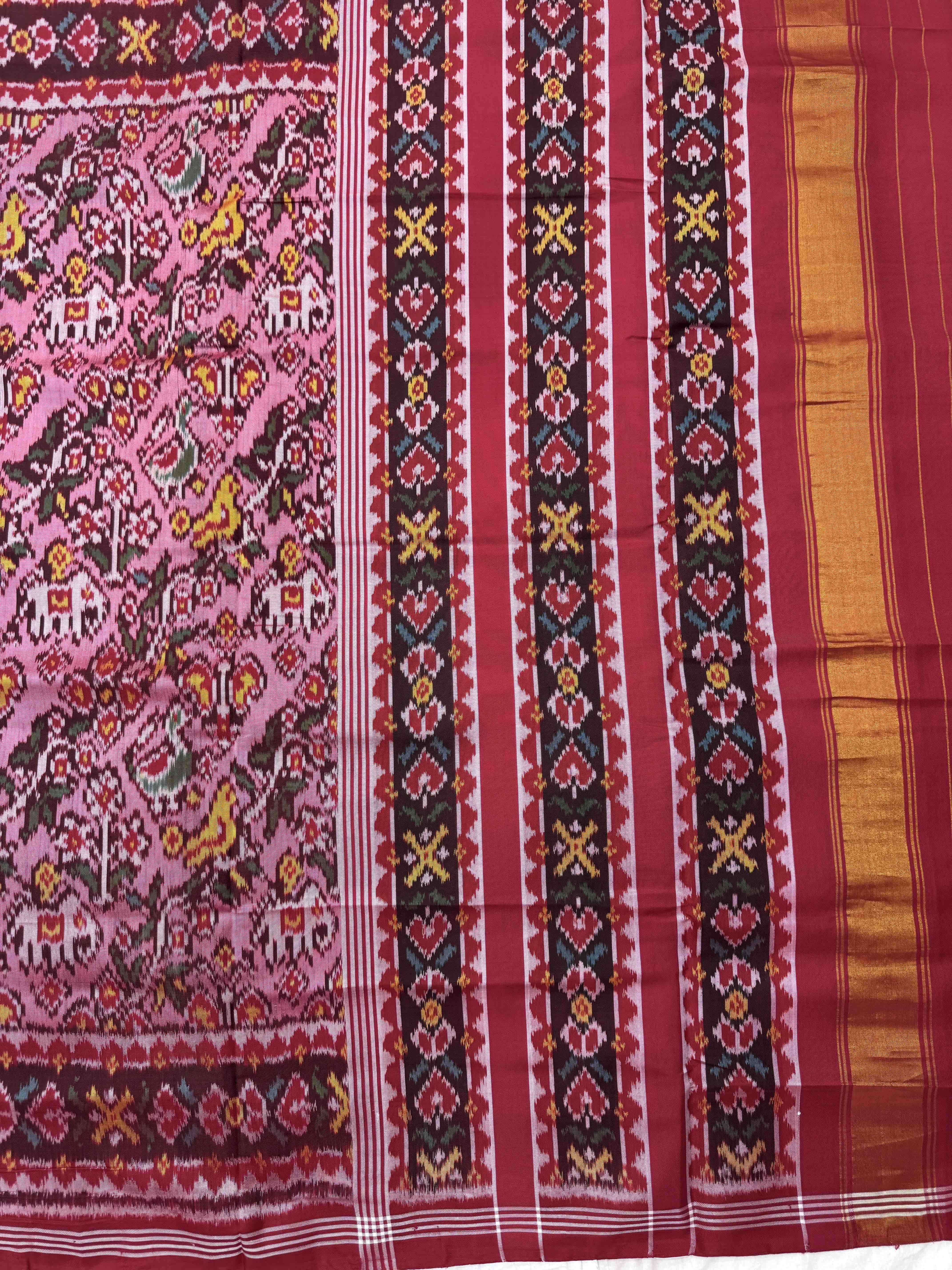 Red & Light Pink Narikunj Leheriya Single Ikat Patan Patola Saree