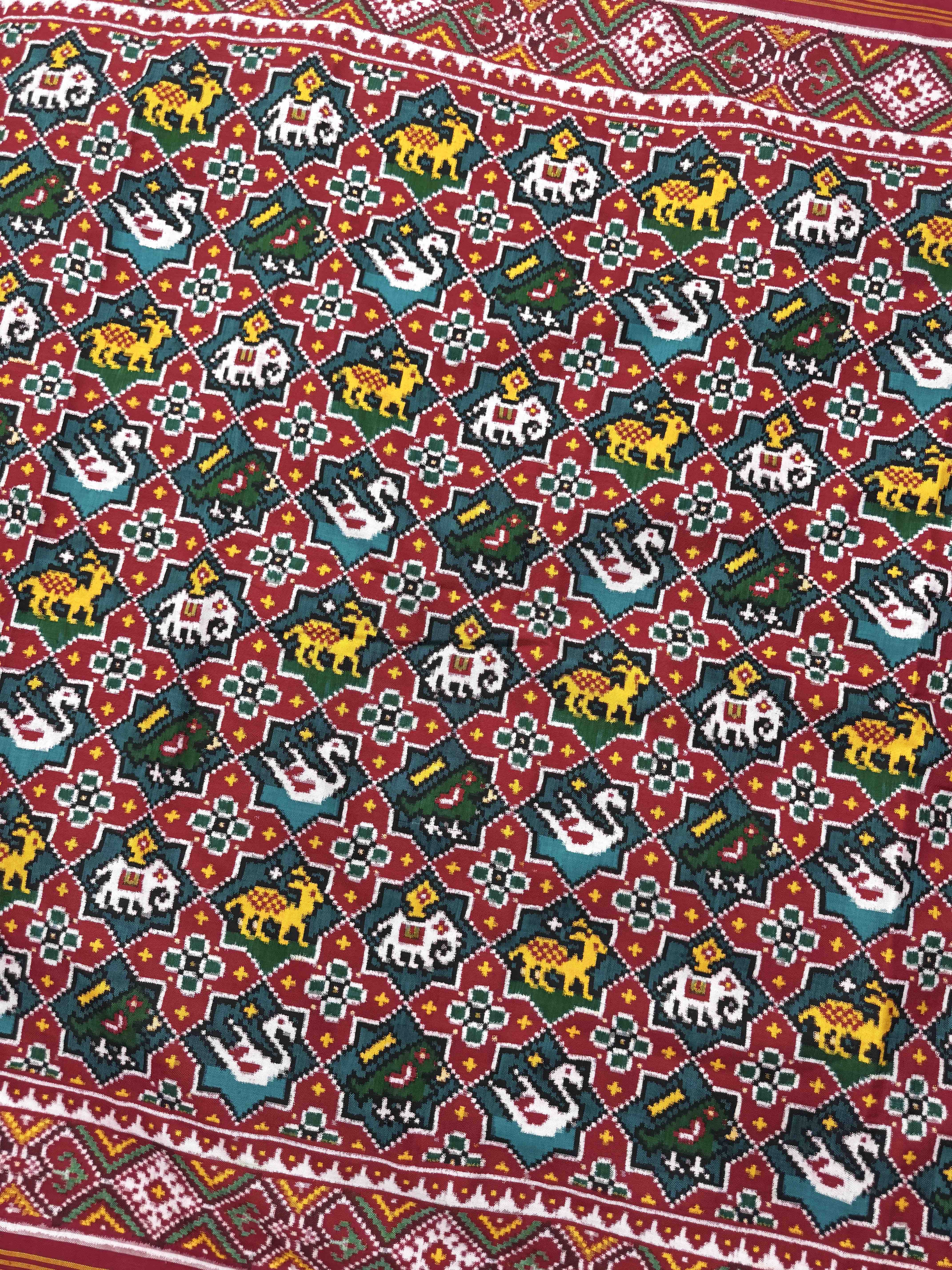 Red & Turquoise Small Narikunj Star Double Ikat Patan Patola Saree