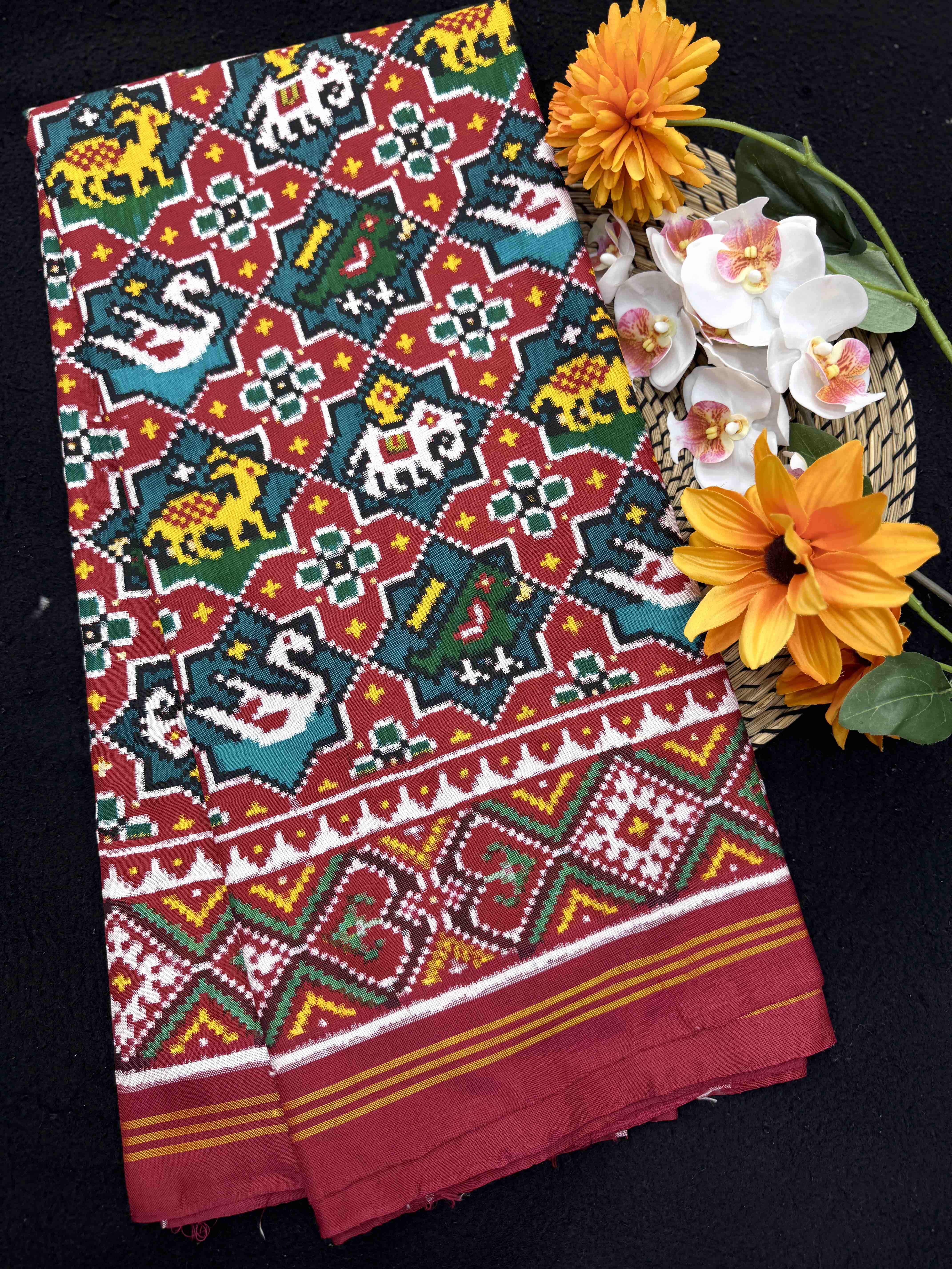 Red & Turquoise Small Narikunj Star Double Ikat Patan Patola Saree
