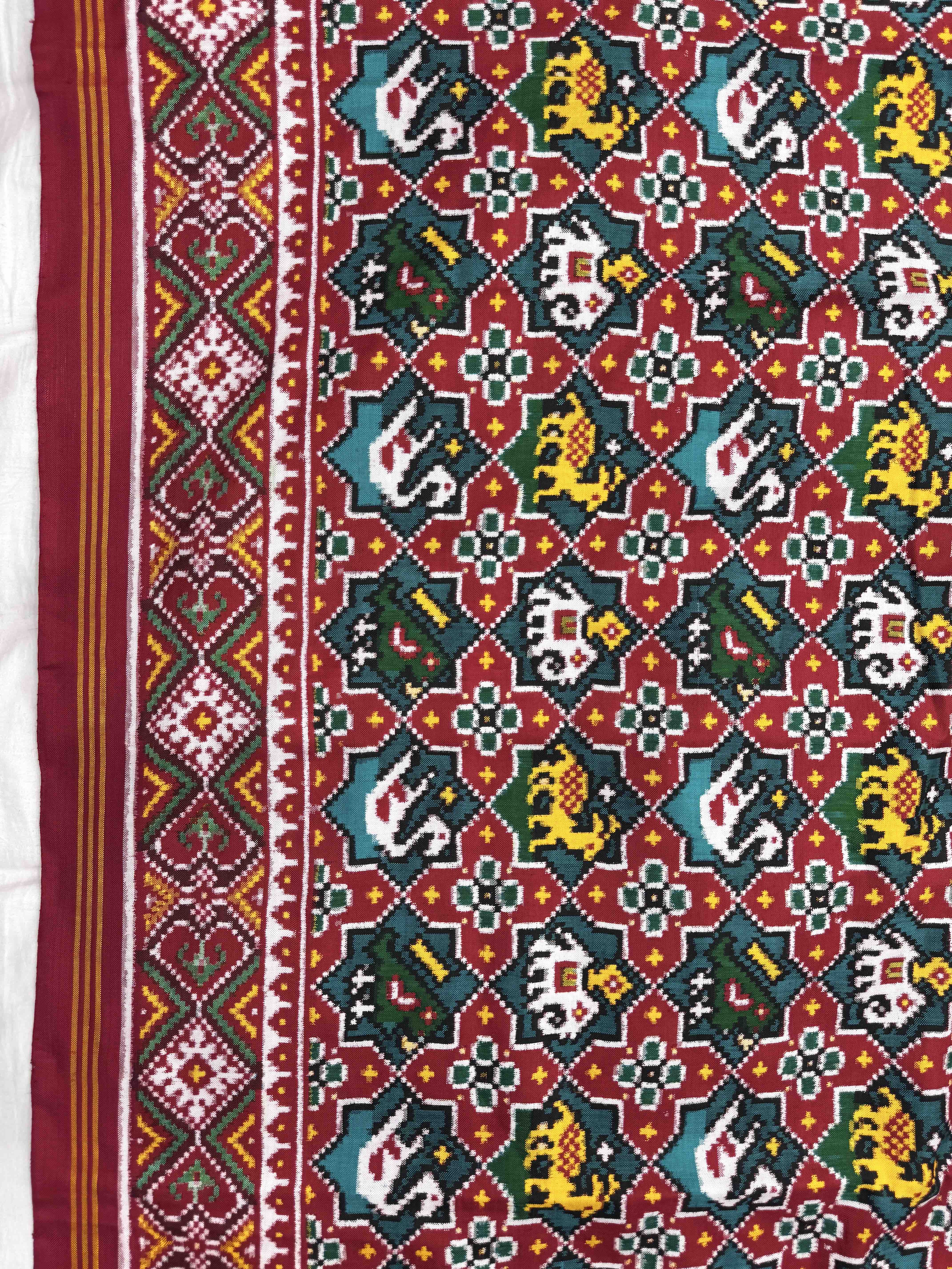 Red & Turquoise Small Narikunj Star Double Ikat Patan Patola Saree
