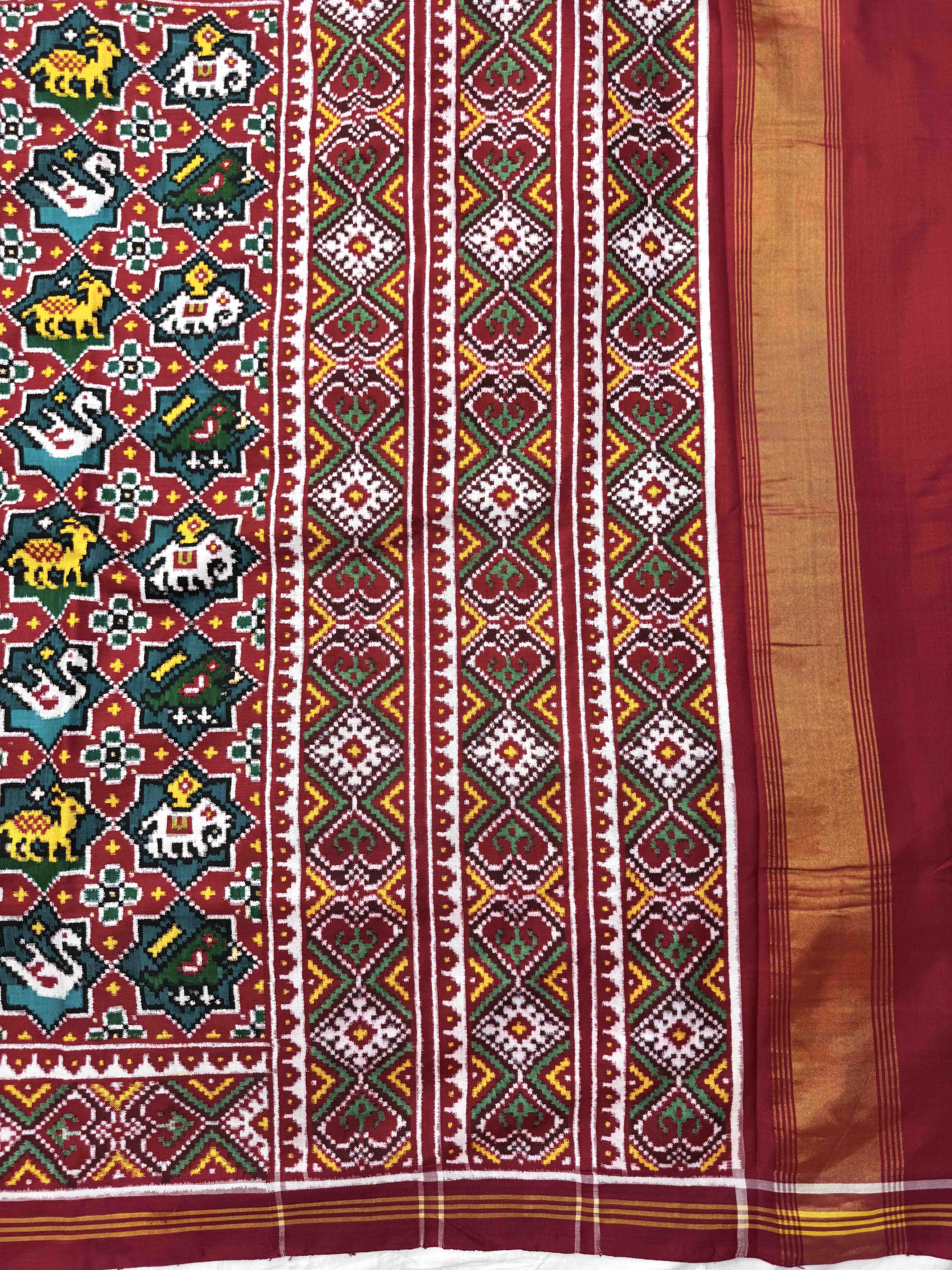 Red & Turquoise Small Narikunj Star Double Ikat Patan Patola Saree