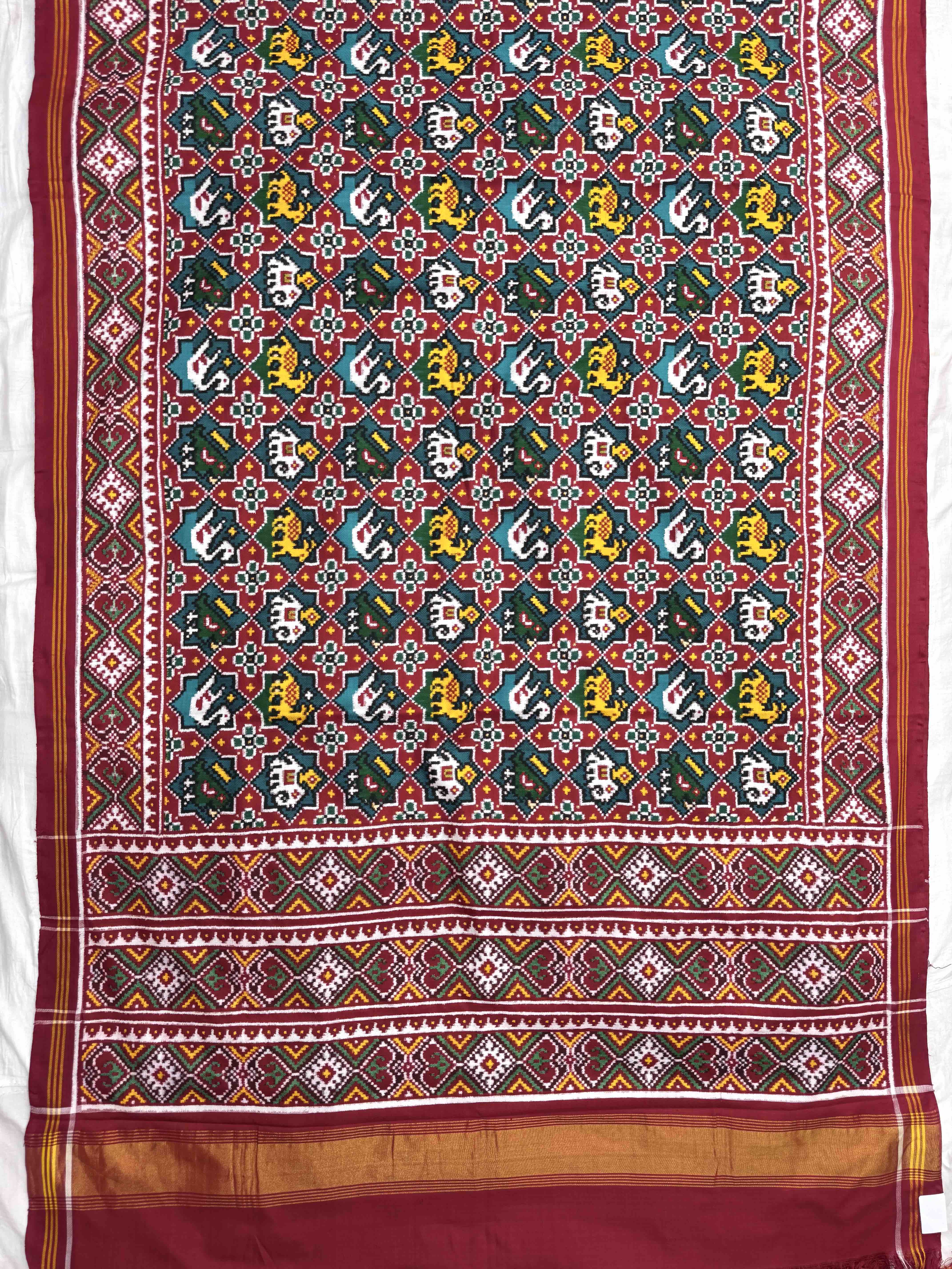 Red & Turquoise Small Narikunj Star Double Ikat Patan Patola Saree