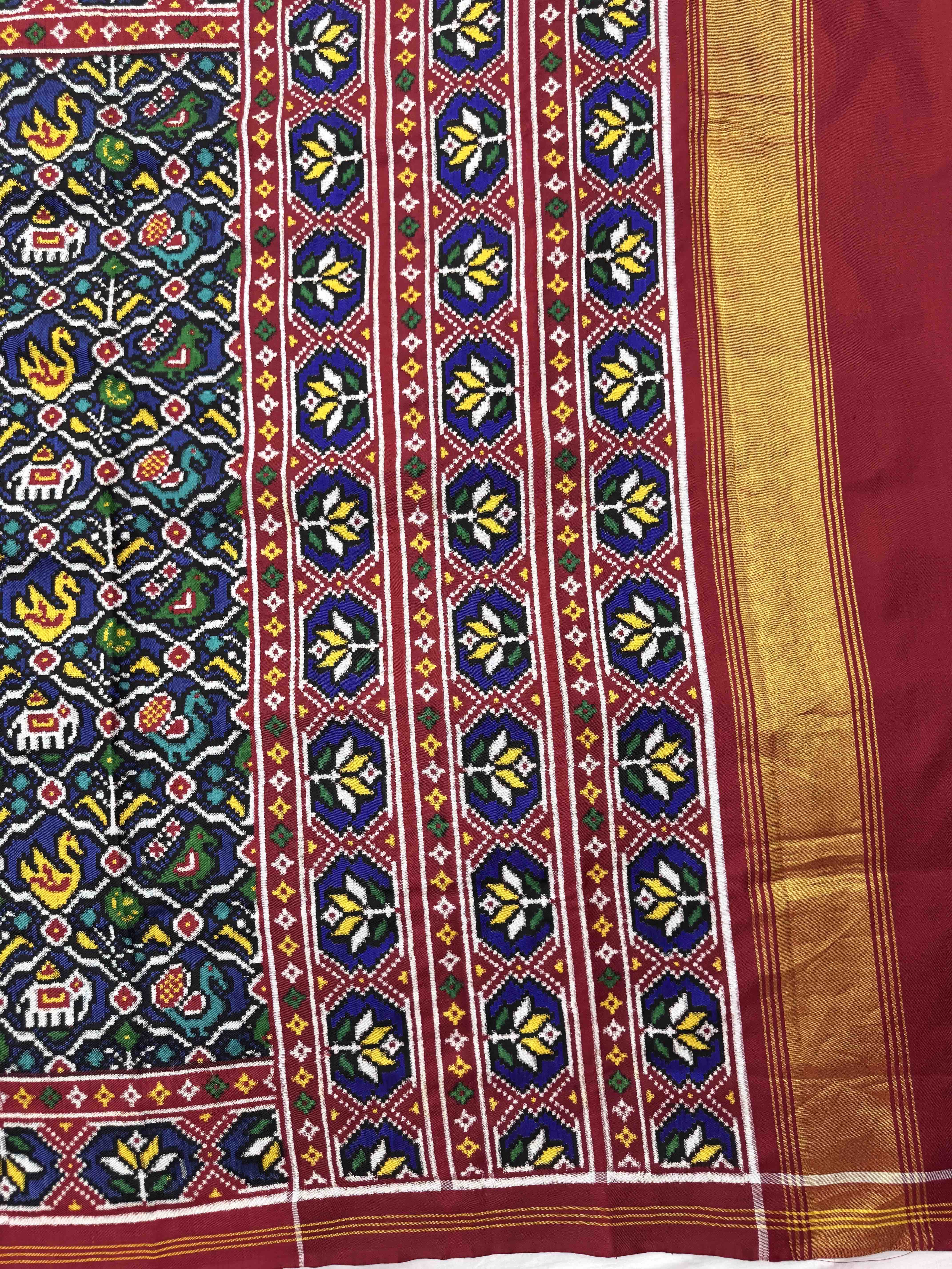 Red & Blue Small Narikunj Double Ikat Patan Patola Saree