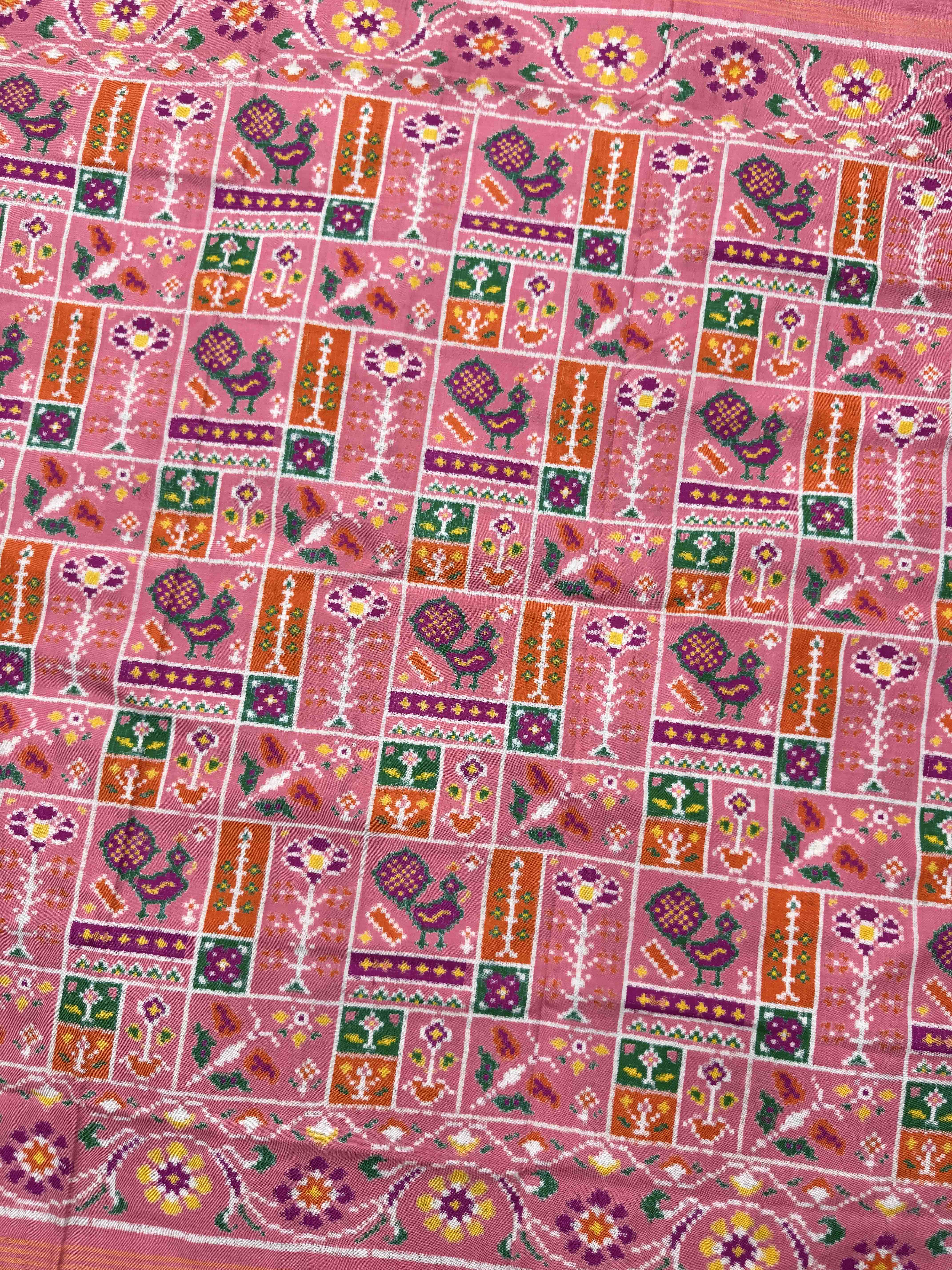Light Pink Fancy Peacock Flower Double Ikat Patan Patola Saree