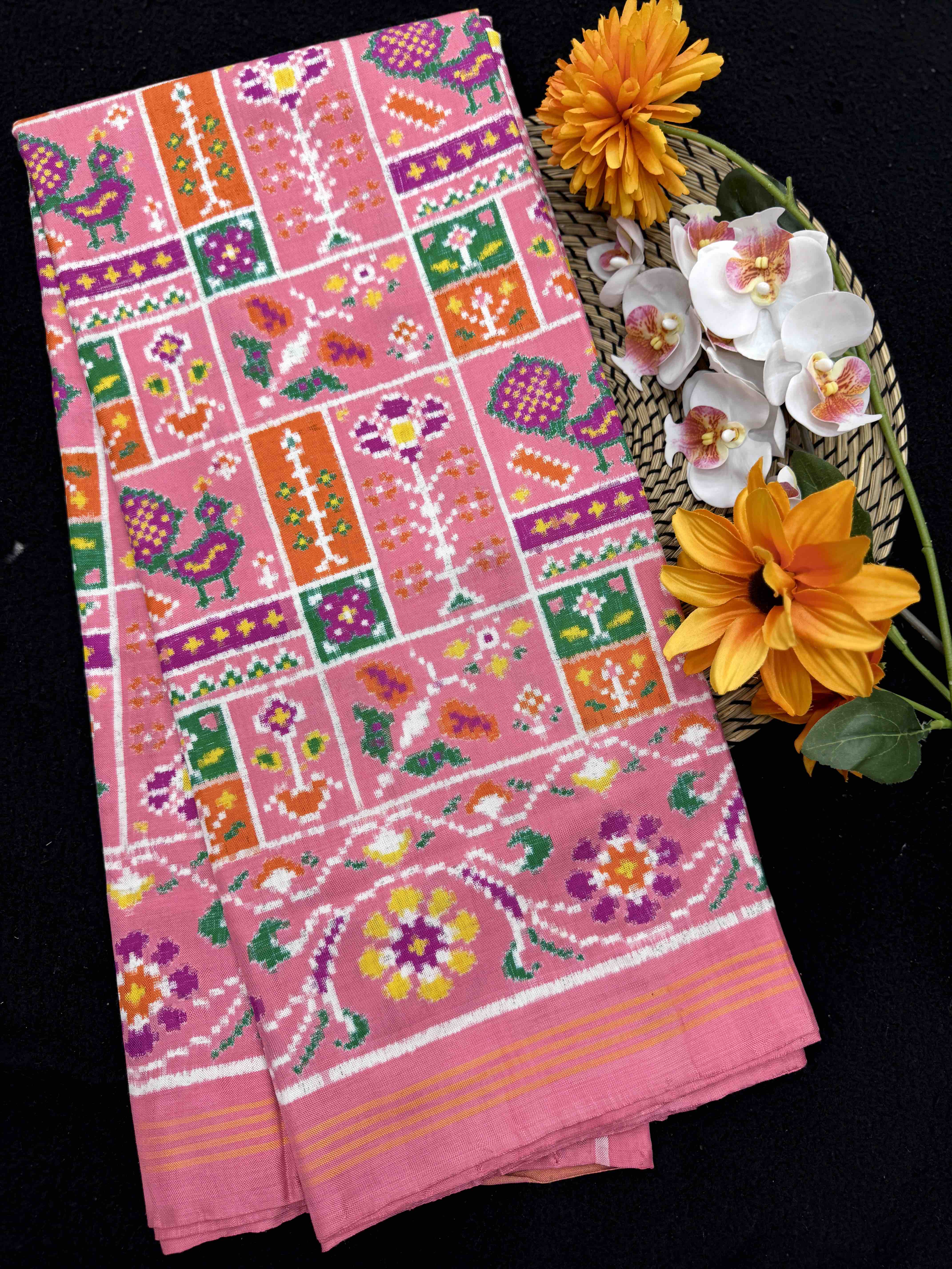 Light Pink Fancy Peacock Flower Double Ikat Patan Patola Saree