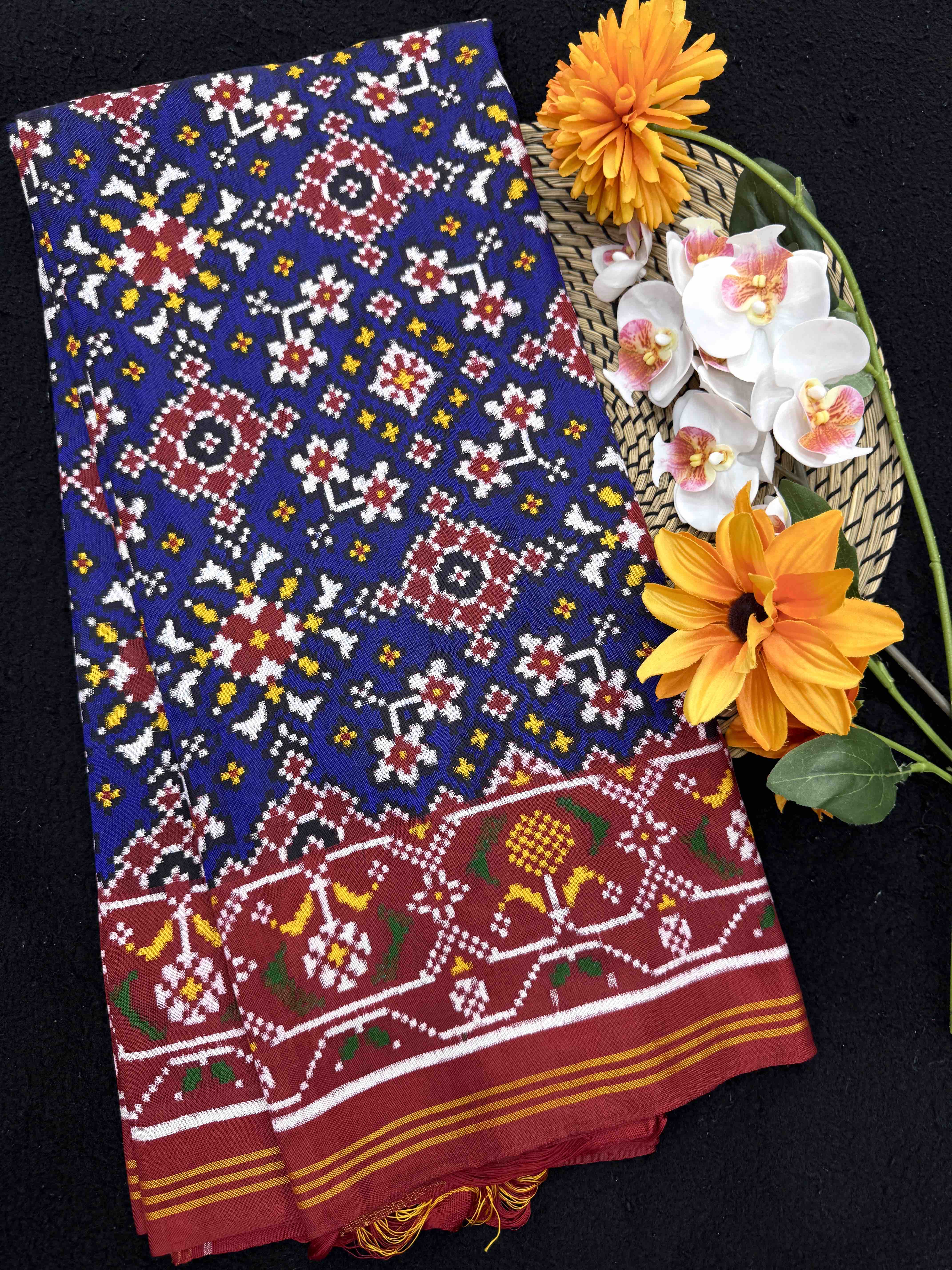 Red & Blue Navratan Double Ikat Patan Patola Saree
