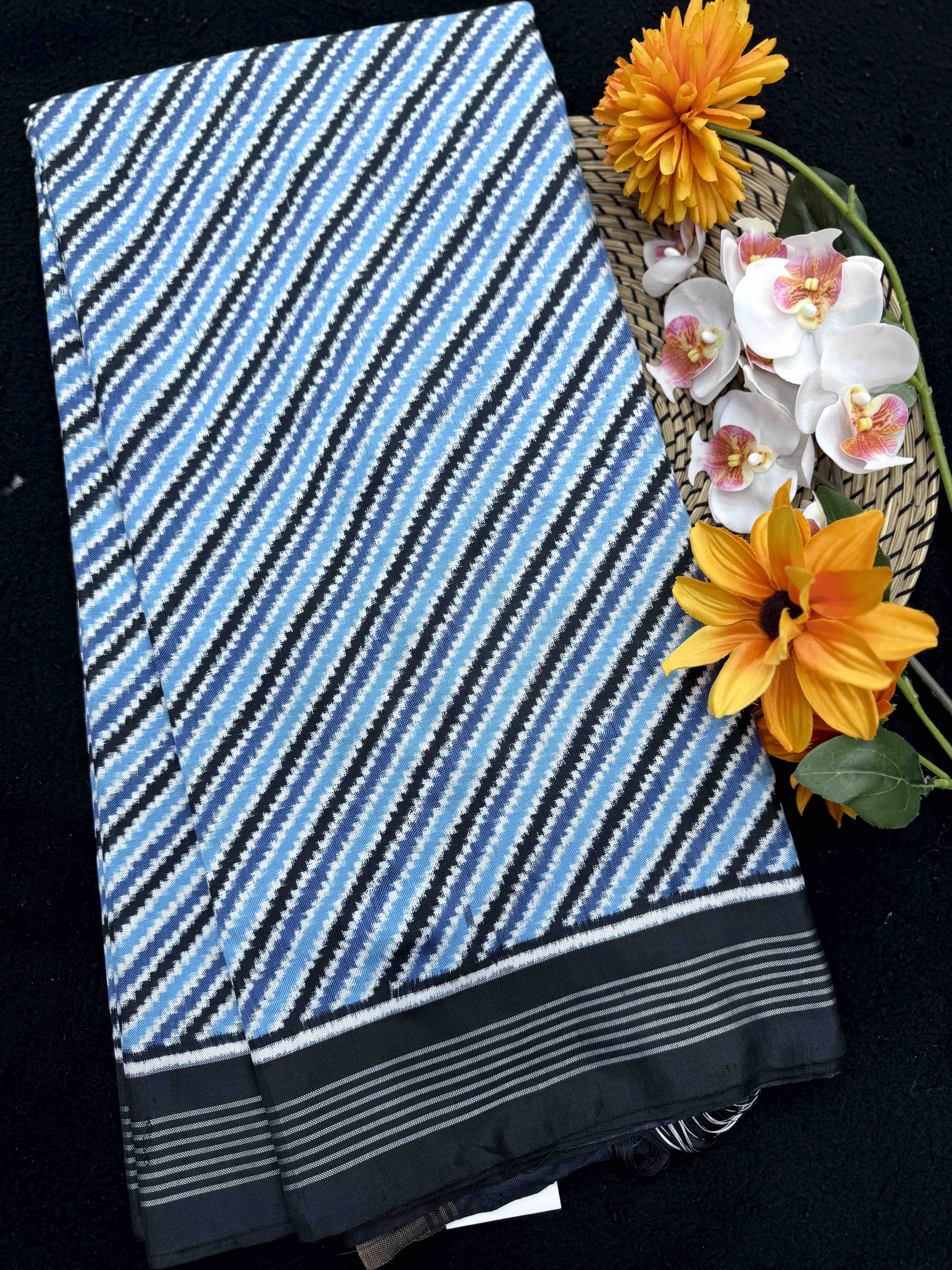 Grey & Sky Blue Lining Double Ikat Patan Patola Saree