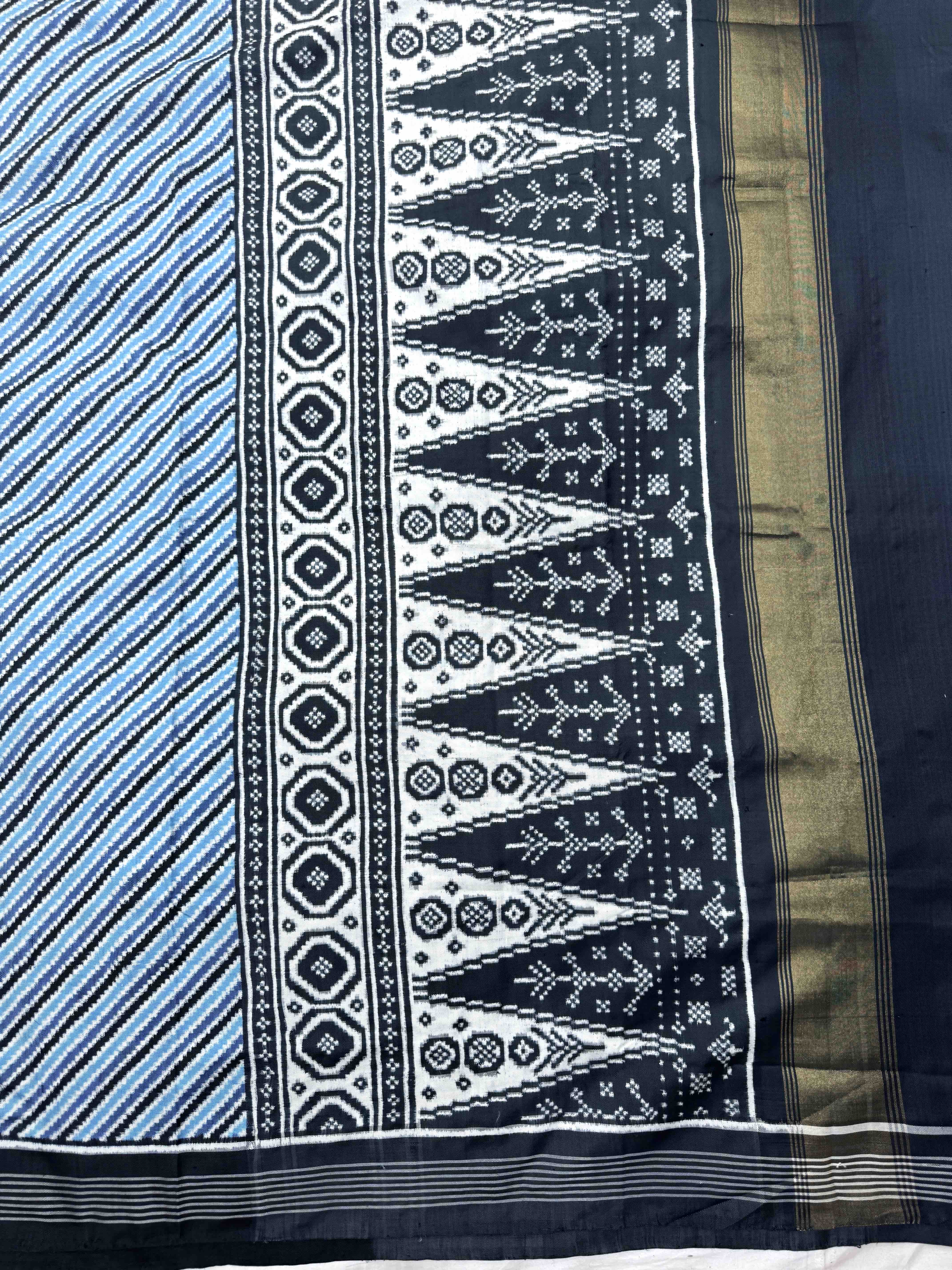 Grey & Sky Blue Lining Double Ikat Patan Patola Saree