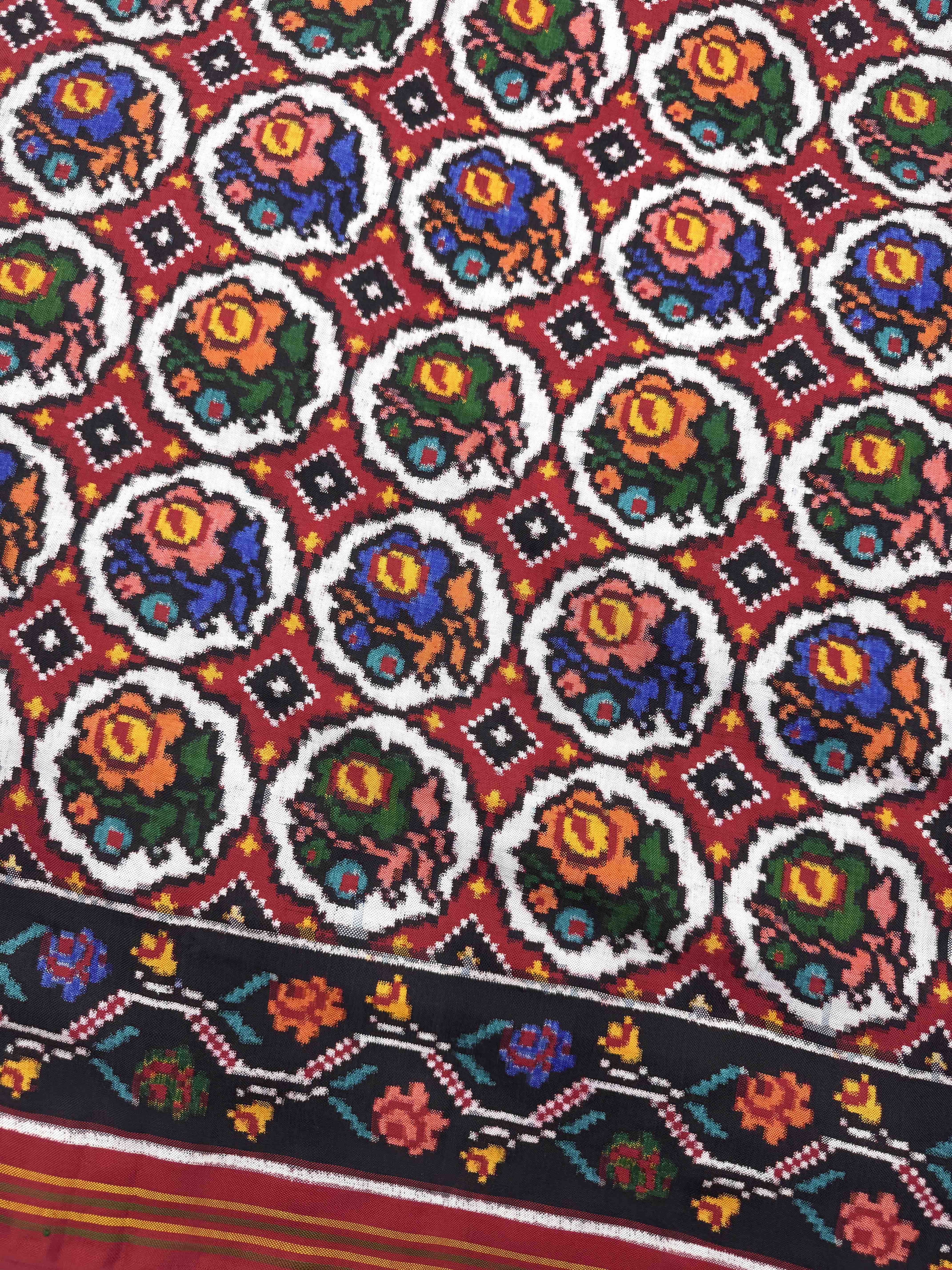 Red & Multicolor Circle Fancy Flower Double Ikat Patan Patola Saree