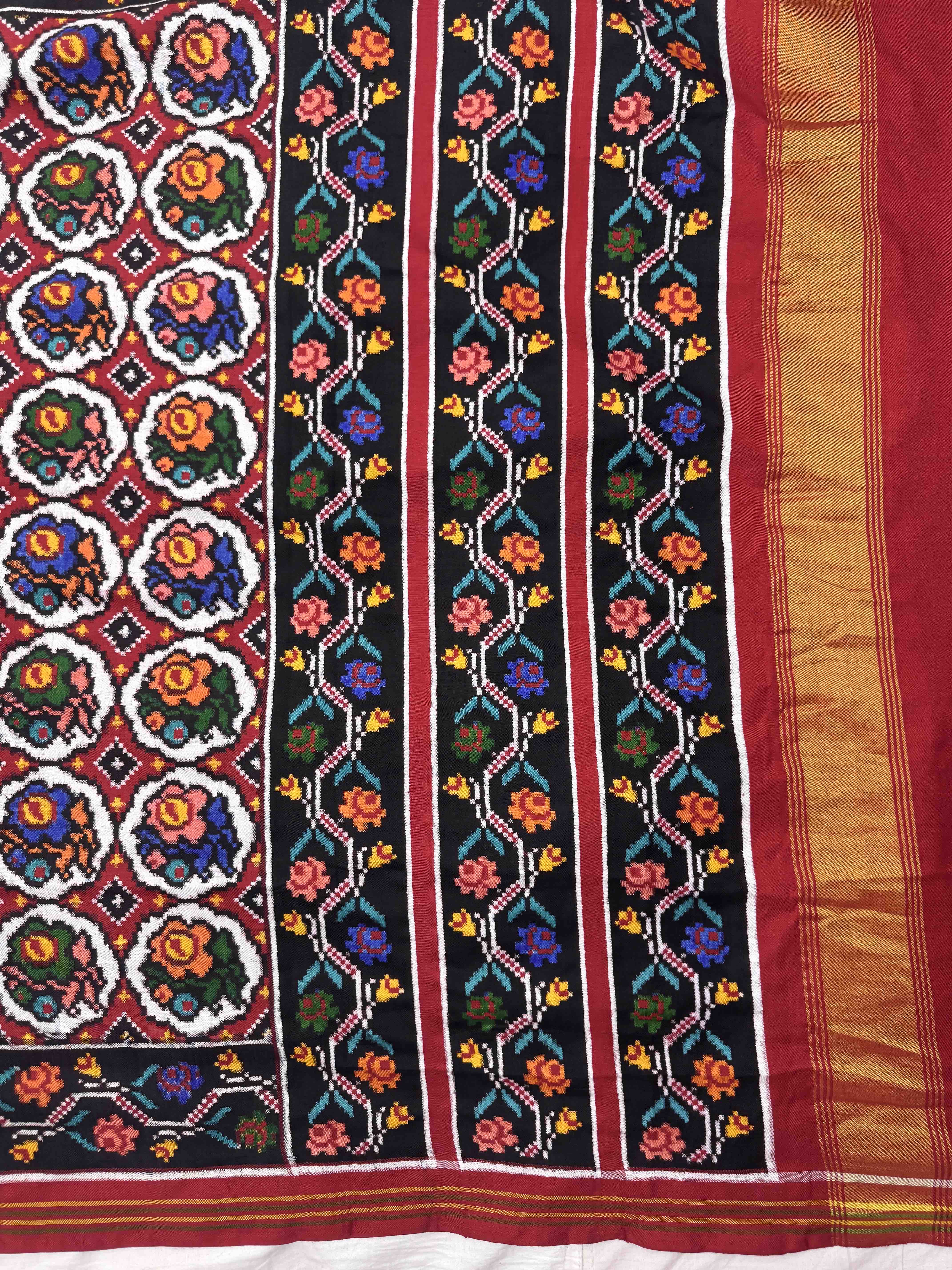 Red & Multicolor Circle Fancy Flower Double Ikat Patan Patola Saree
