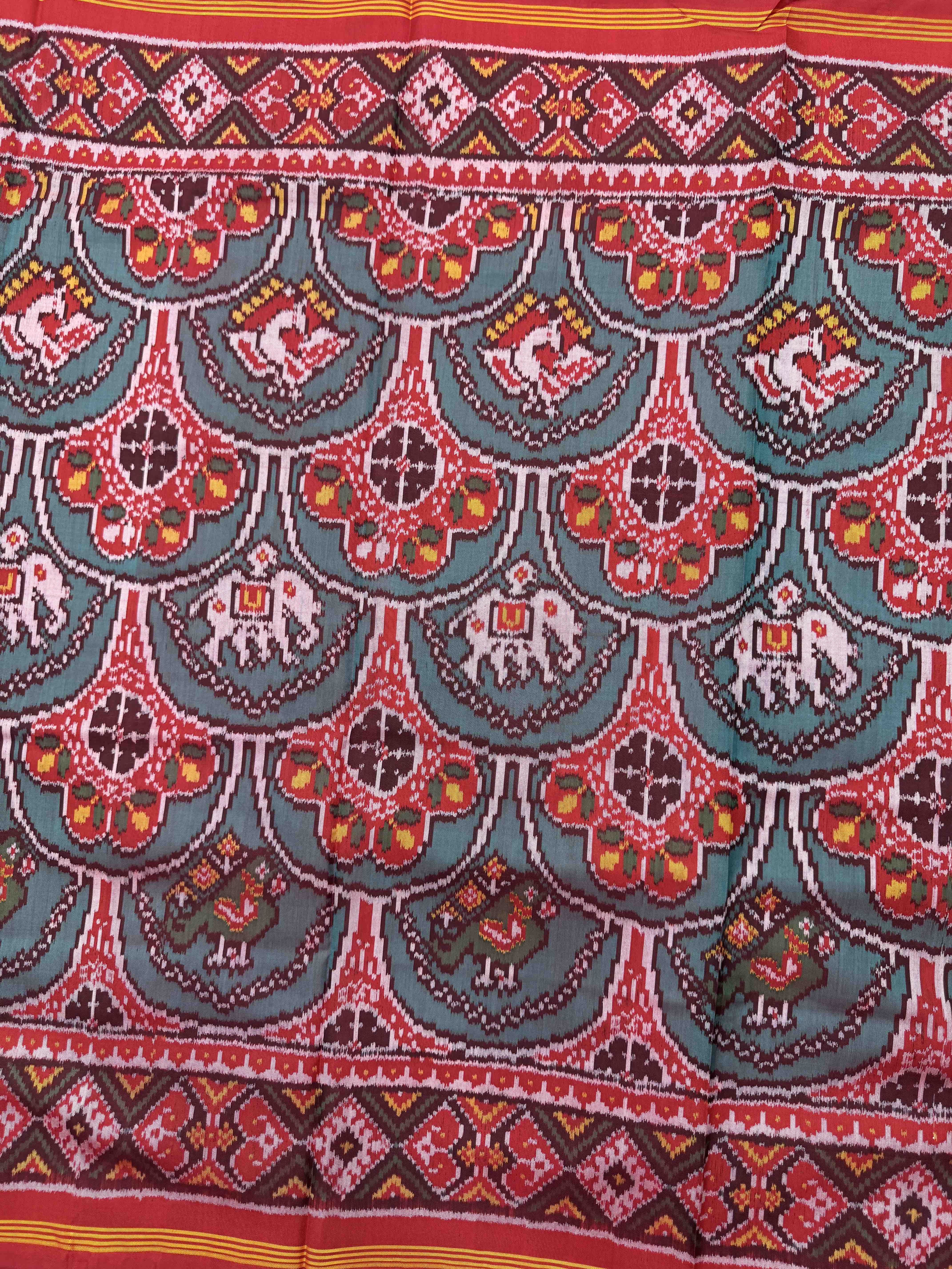 Red & Turquoise Fancy Narikunj Single Ikat Patan Patola Saree