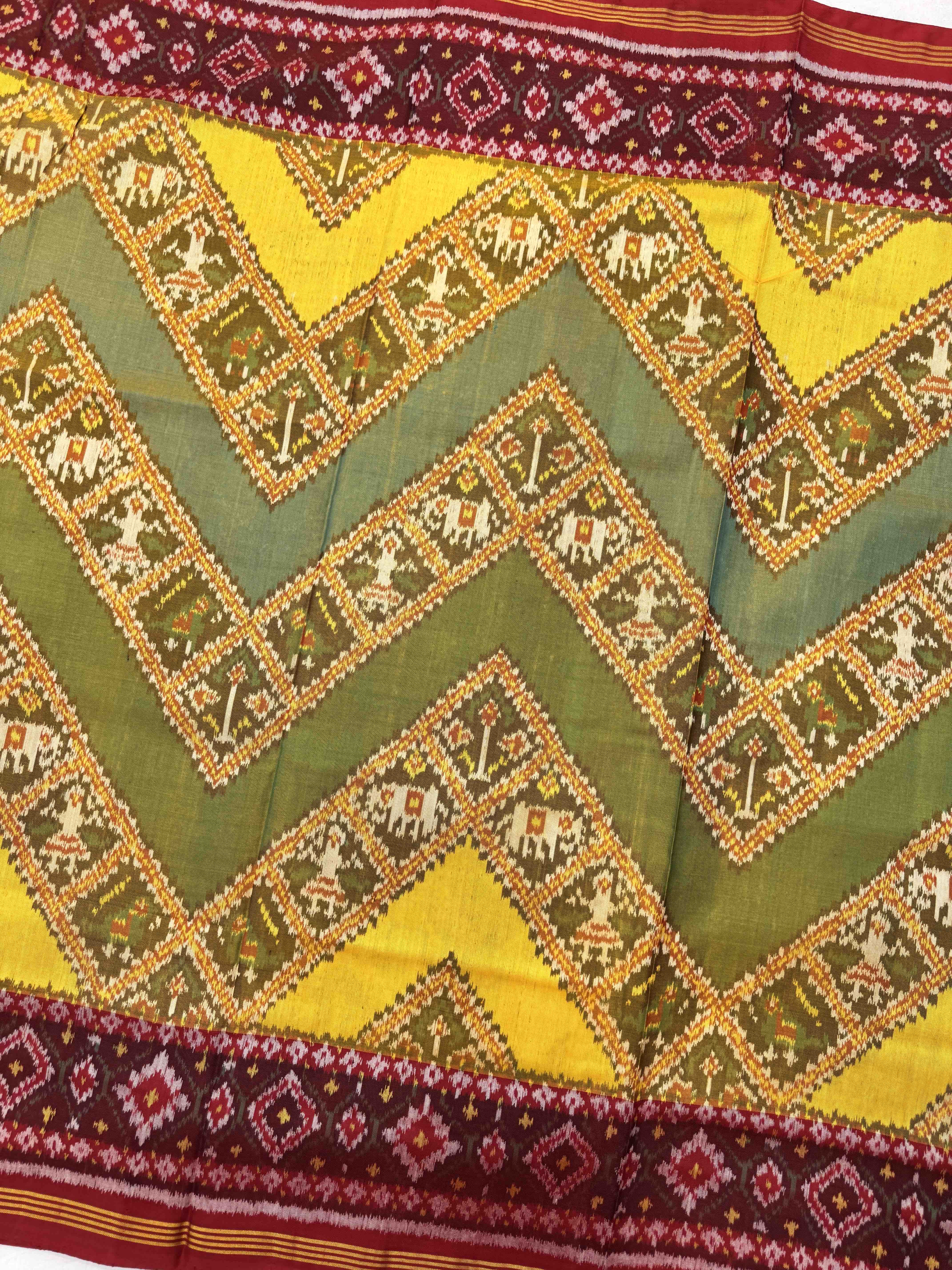 Red & Yellow Zig Zag Narikunj Leheriya Single Ikat Patan Patola Saree