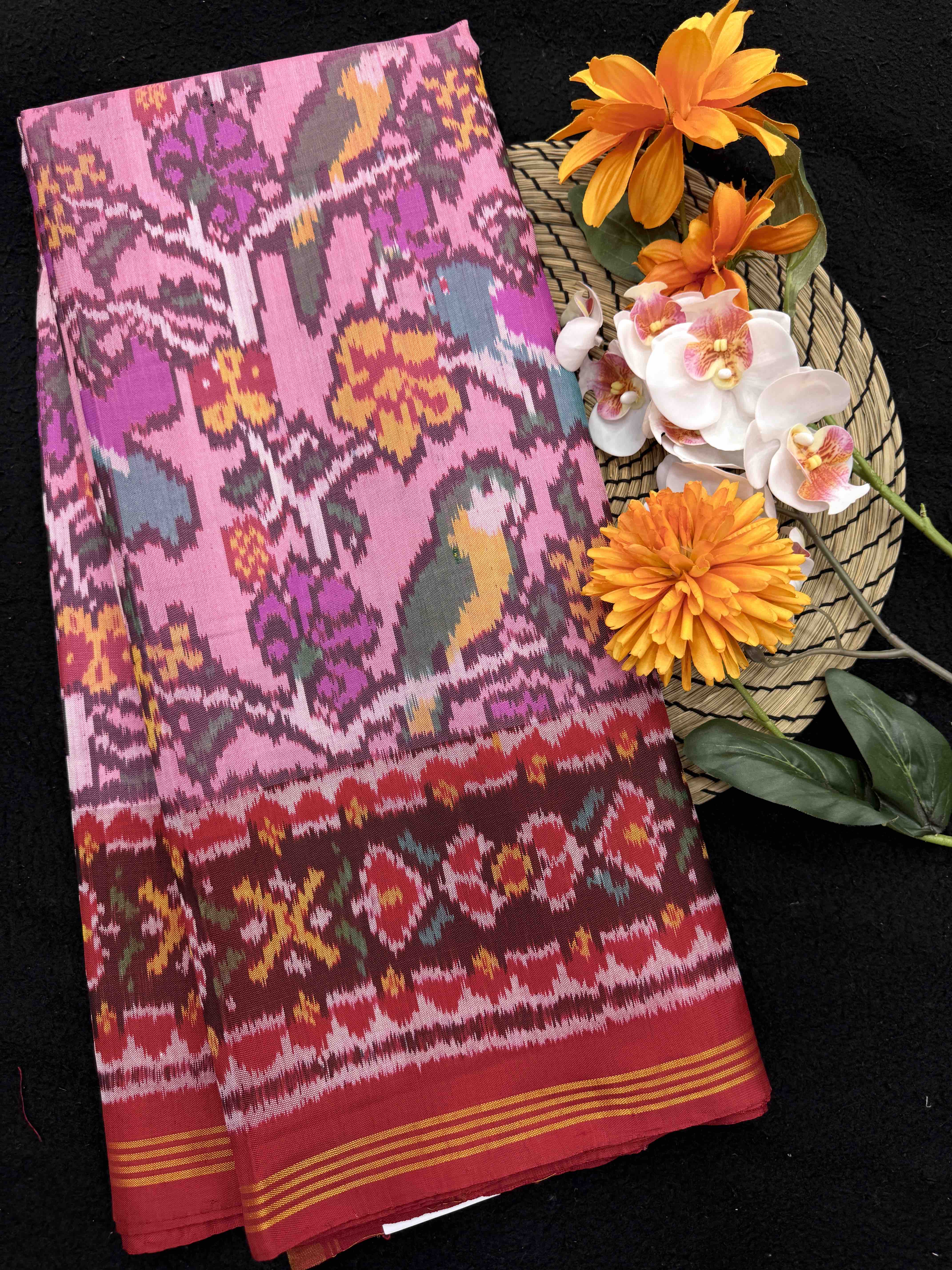 Red & Light Pink Fancy Parrot Flower Single Ikat Patan Patola Saree