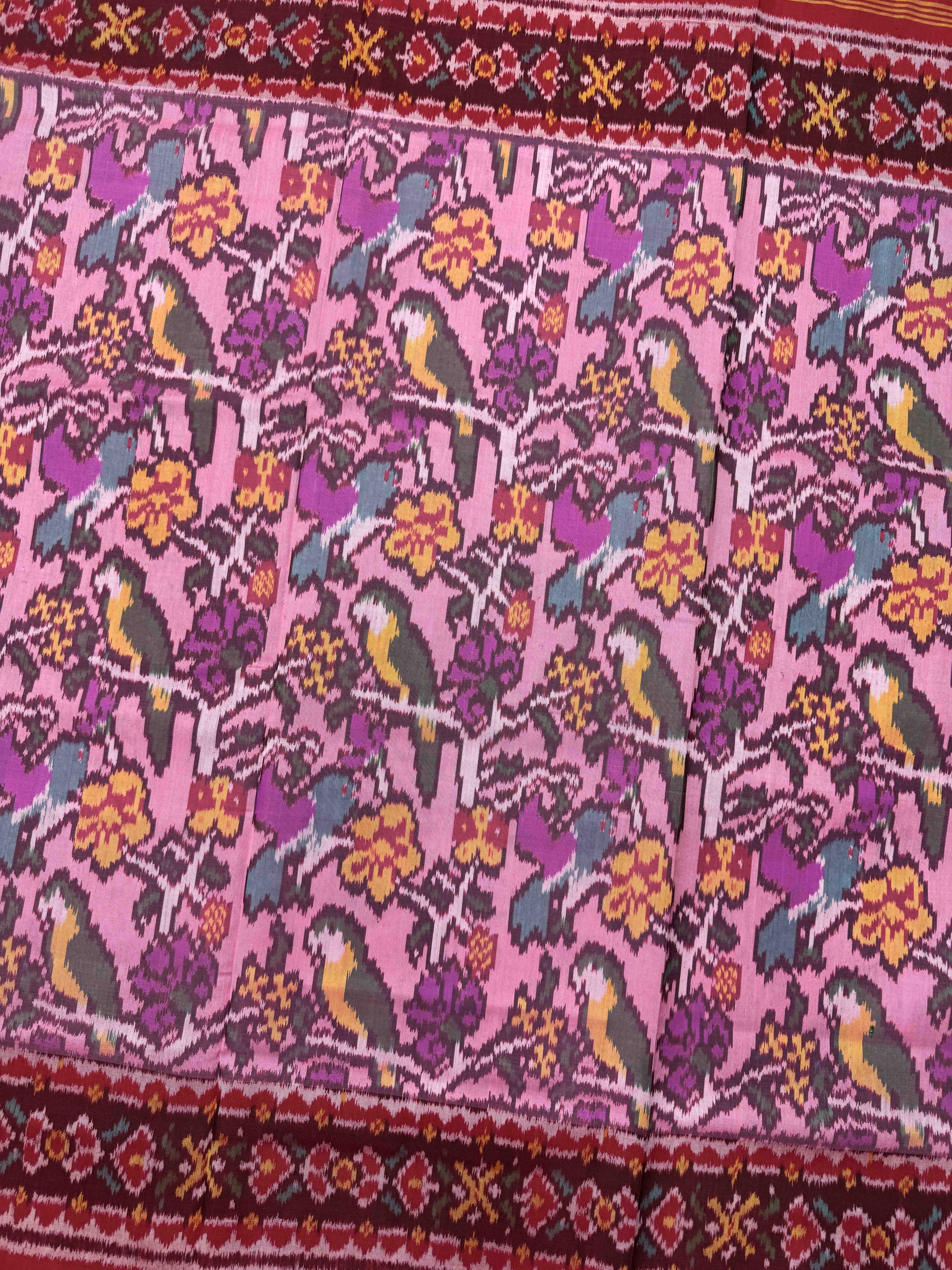 Red & Light Pink Fancy Parrot Flower Single Ikat Patan Patola Saree
