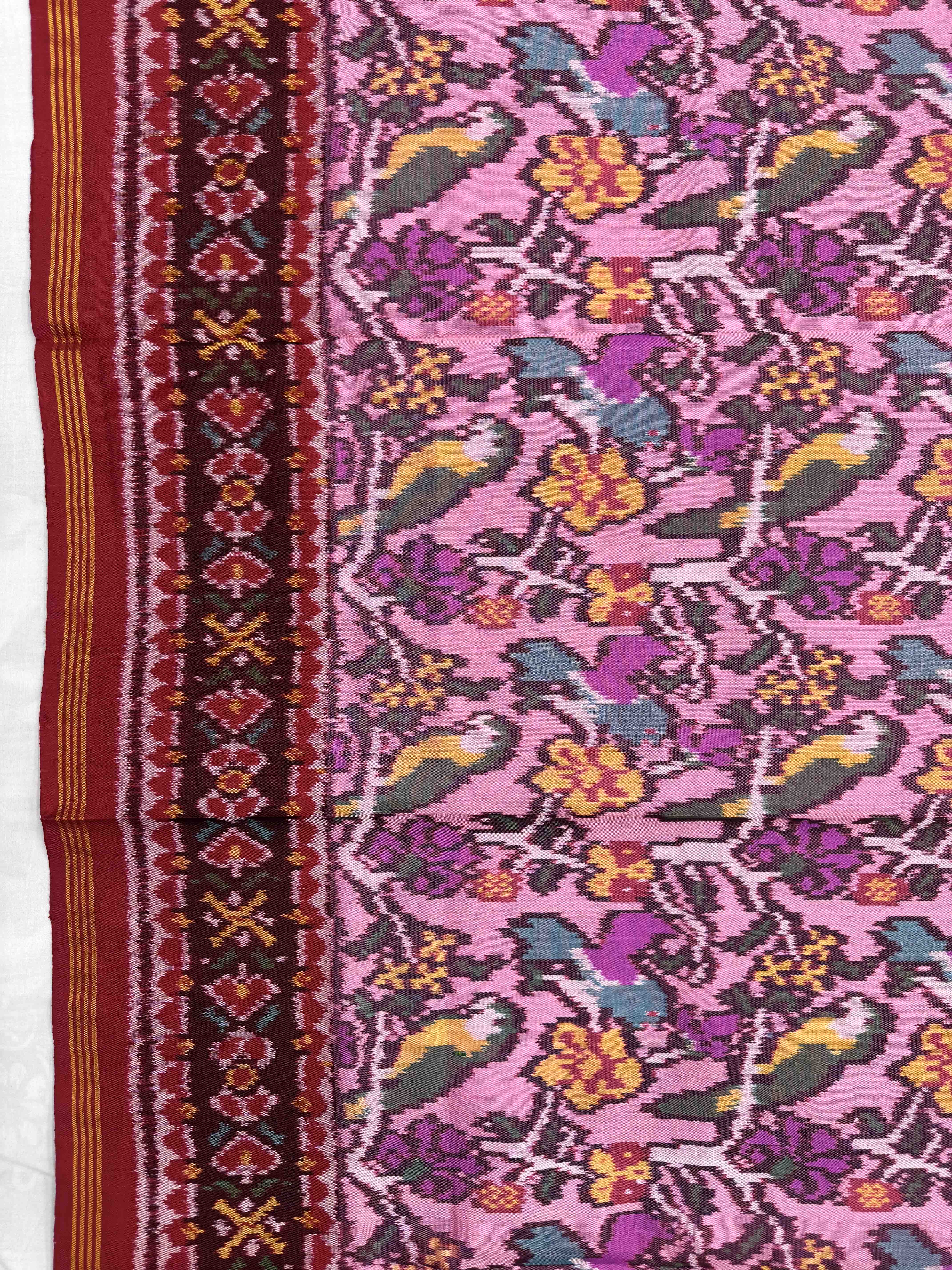 Red & Light Pink Fancy Parrot Flower Single Ikat Patan Patola Saree